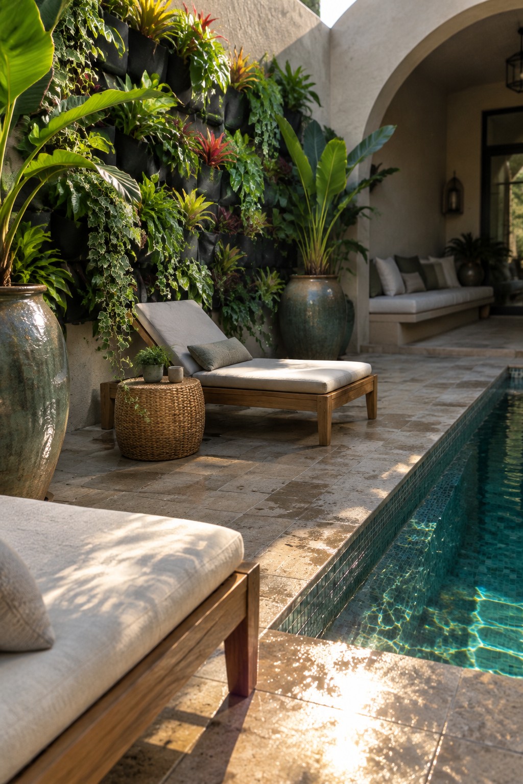 An outdoor poolside area with a large vertical garden wall made of black pocket planters filled with various green and colorful plants, next to wooden lounge chairs on stone tile.