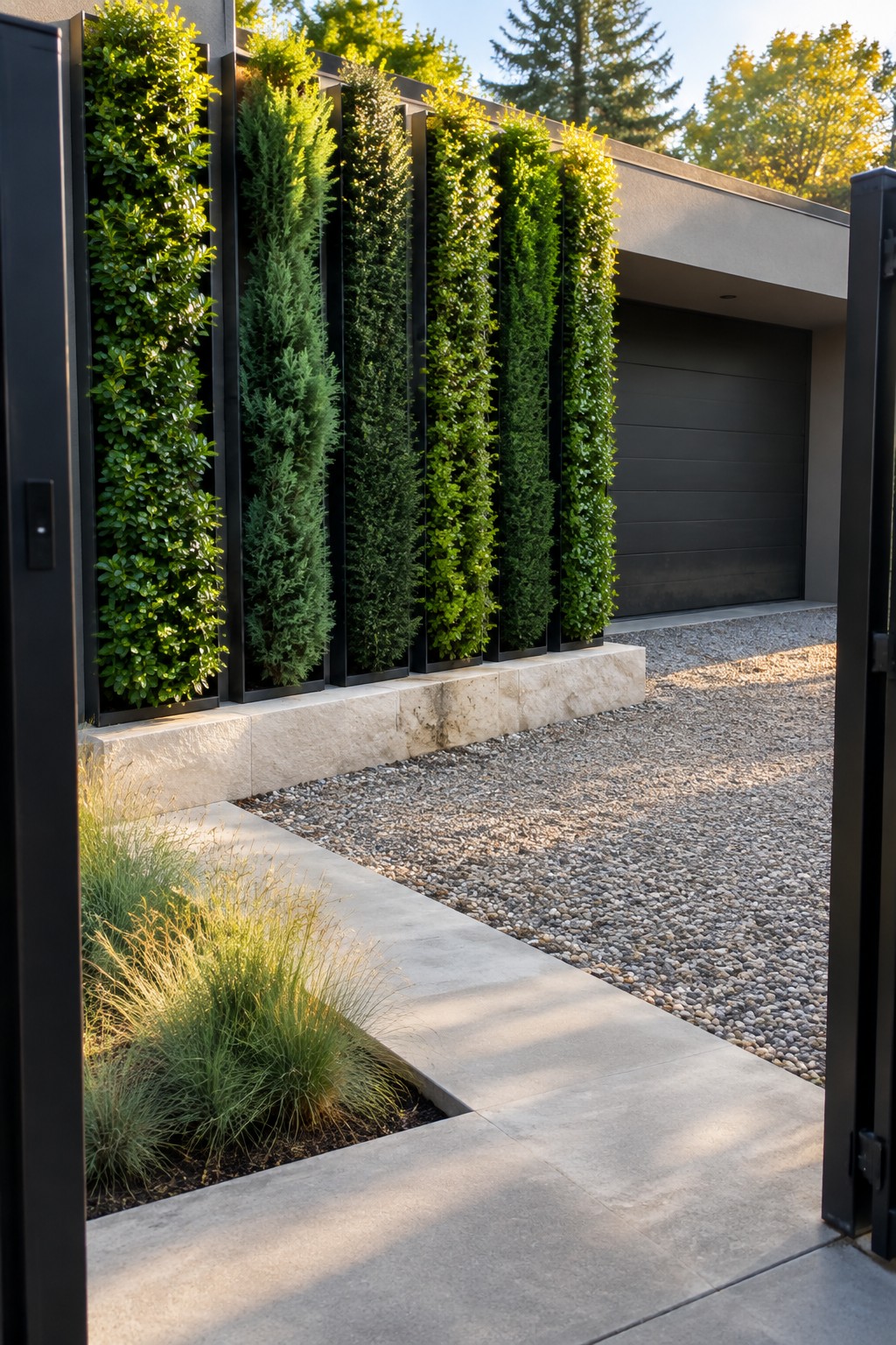 A modern home exterior with a row of tall vertical planters holding dense green shrubs beside a gravel driveway and dark garage door.