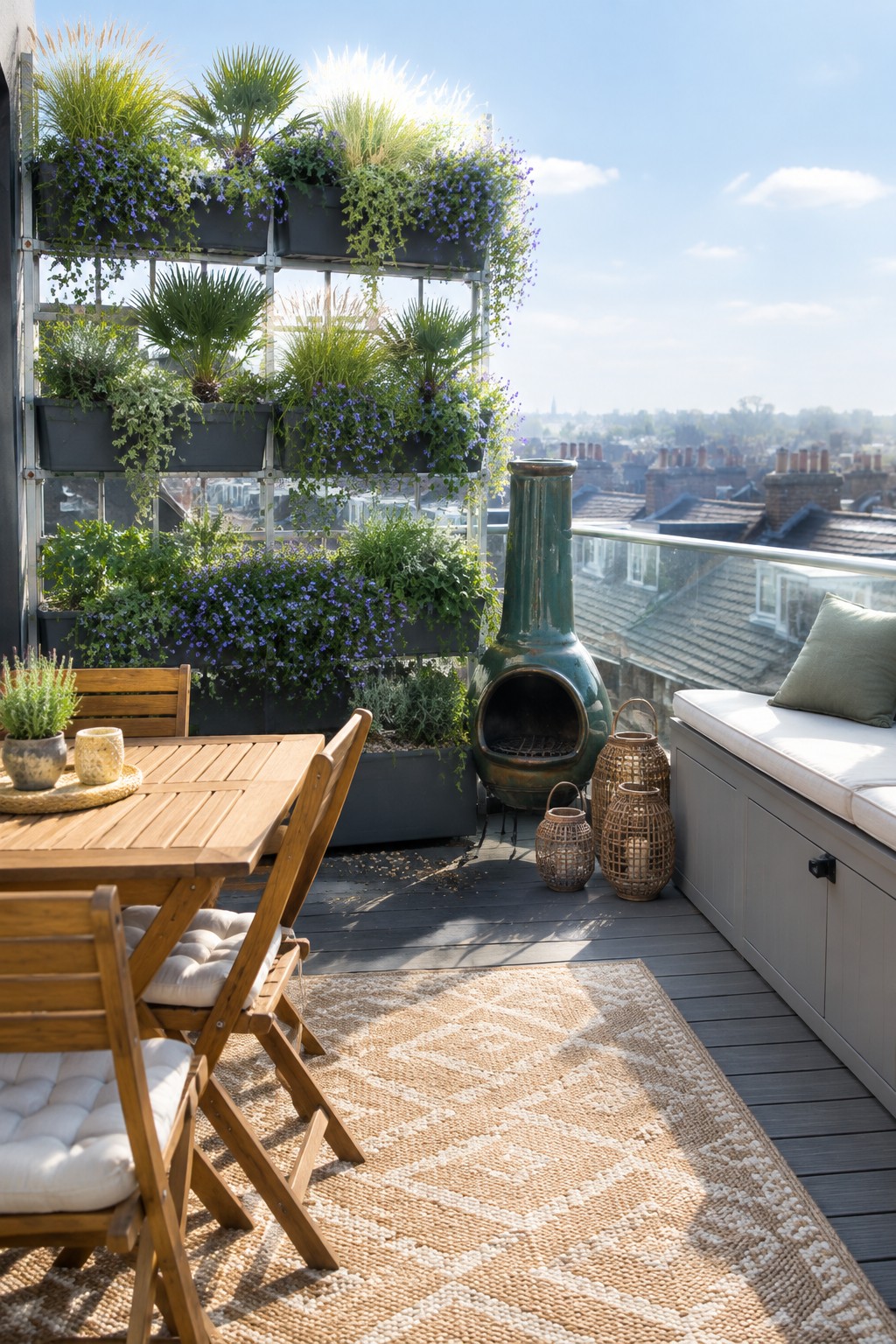 A rooftop terrace with a multi-level vertical planting system mounted on a wall, wooden dining table and chairs, woven lanterns, a green chiminea, and a built-in bench overlooking rooftops.