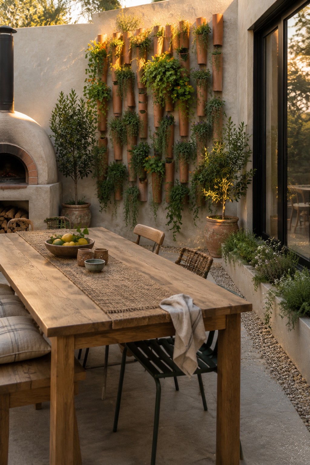 An outdoor dining patio with a wooden table and chairs in front of a stucco wall fitted with vertical terracotta pipe planters holding green plants, beside a built-in pizza oven.