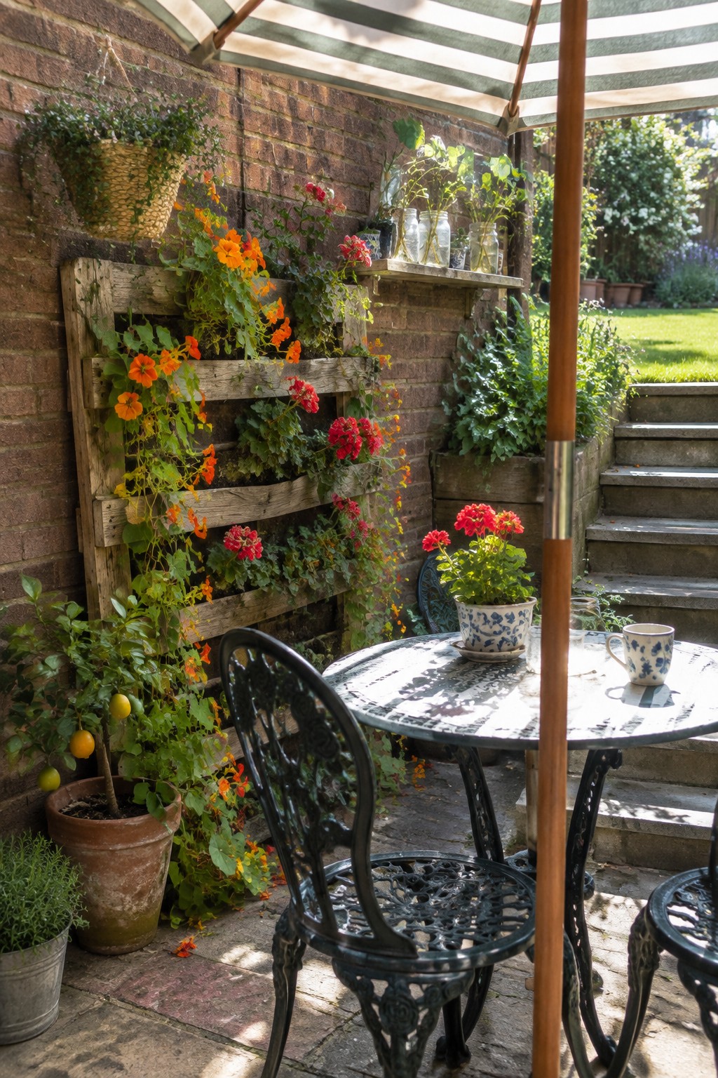 A wooden pallet mounted on a brick wall holds orange and red flowers in a vertical garden setup beside a patio table with chairs and an umbrella.