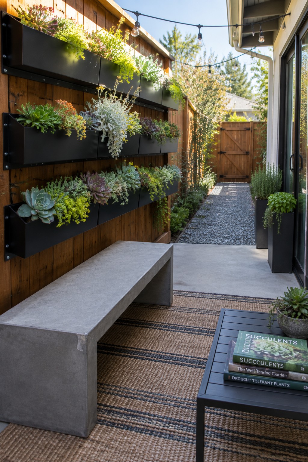 Wooden fence wall with multiple rows of black rectangular planters filled with succulents, beside a concrete bench on a striped outdoor rug.