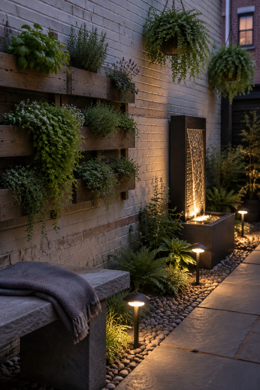 A brick garden wall fitted with multiple tiers of wooden planters holding various green plants, next to a stone water feature and a paved path with small lights.