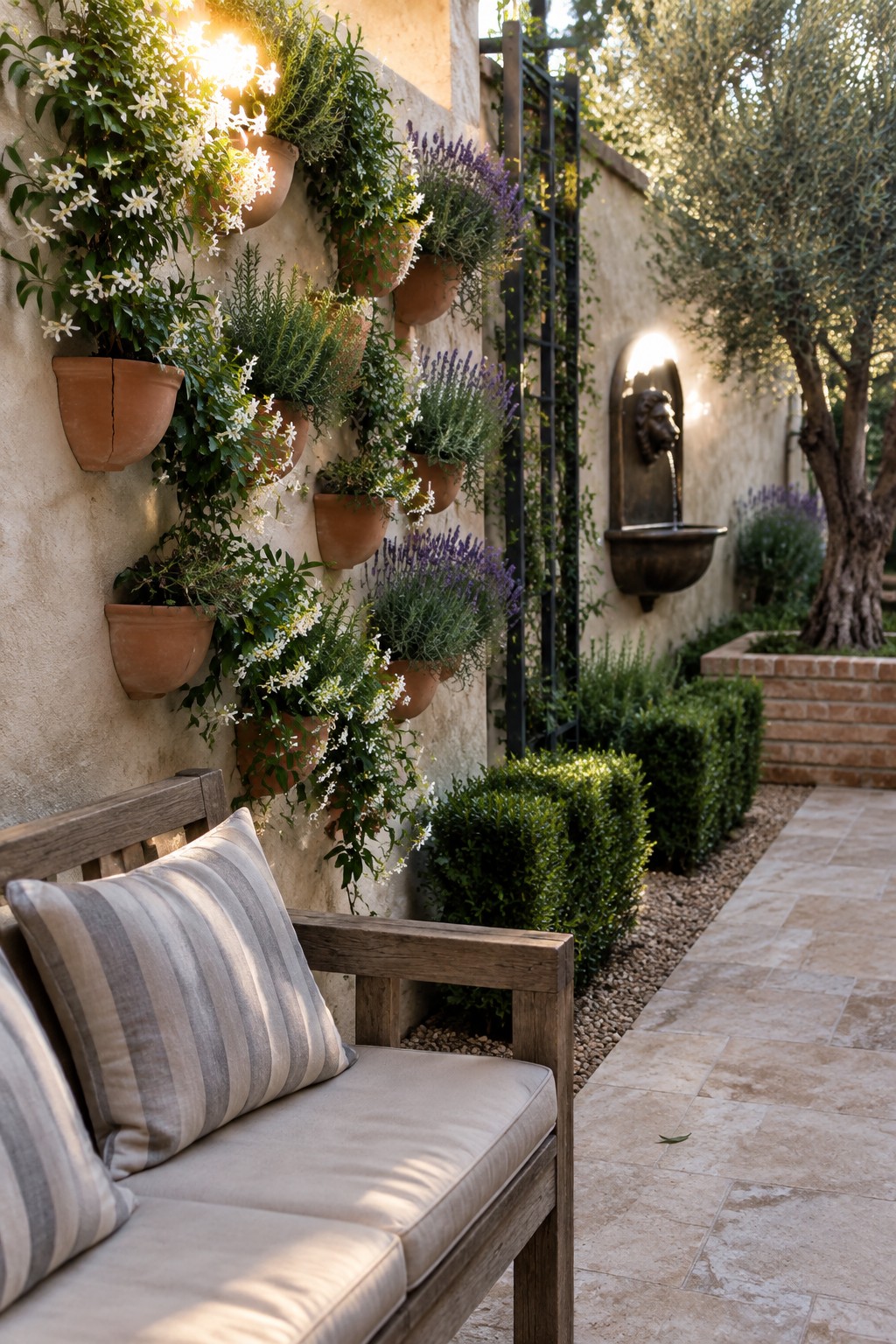 A stucco garden wall lined with terracotta pots holding white flowers and green herbs, next to a wooden bench with striped cushions.