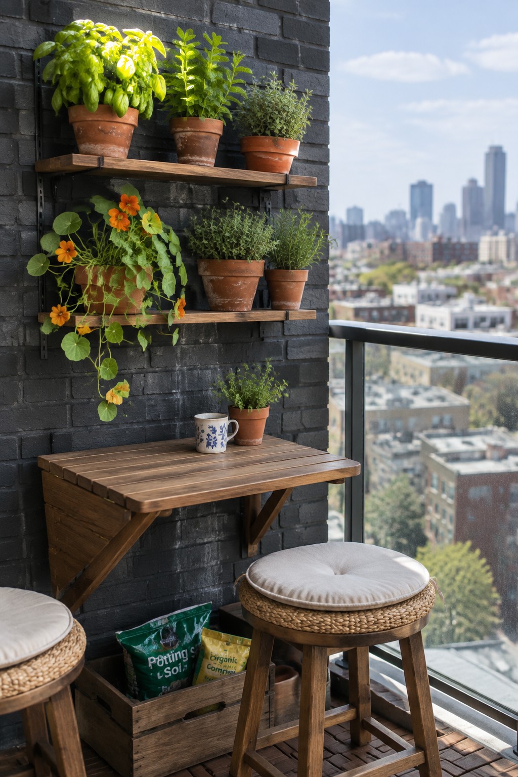 A balcony with wooden wall shelves holding terracotta pots of green plants against a dark brick wall, next to a folding table and woven stools.