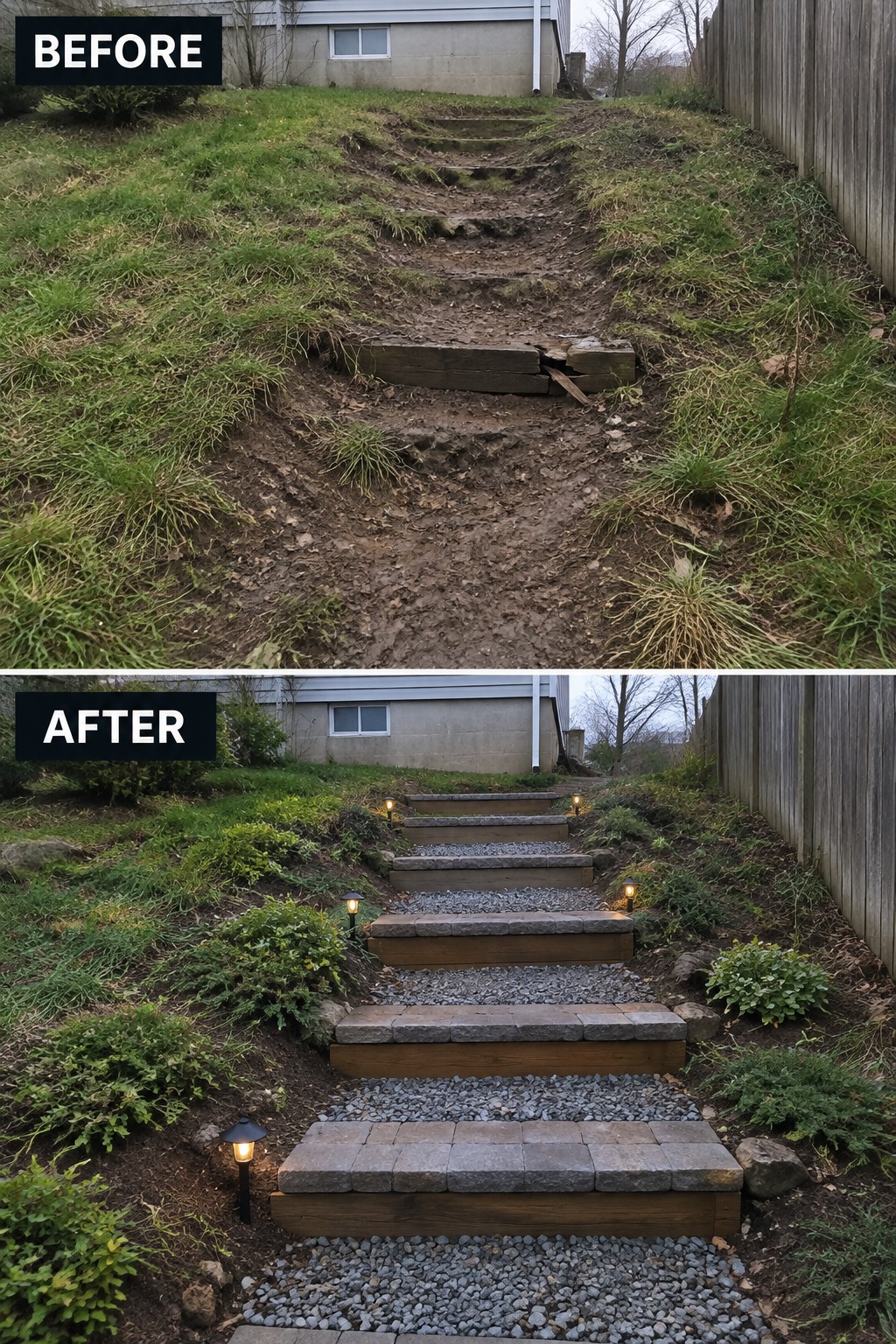 Before-and-after image of an eroded dirt path on a slope changed into structured timber and paver steps with gravel landings and added plants.