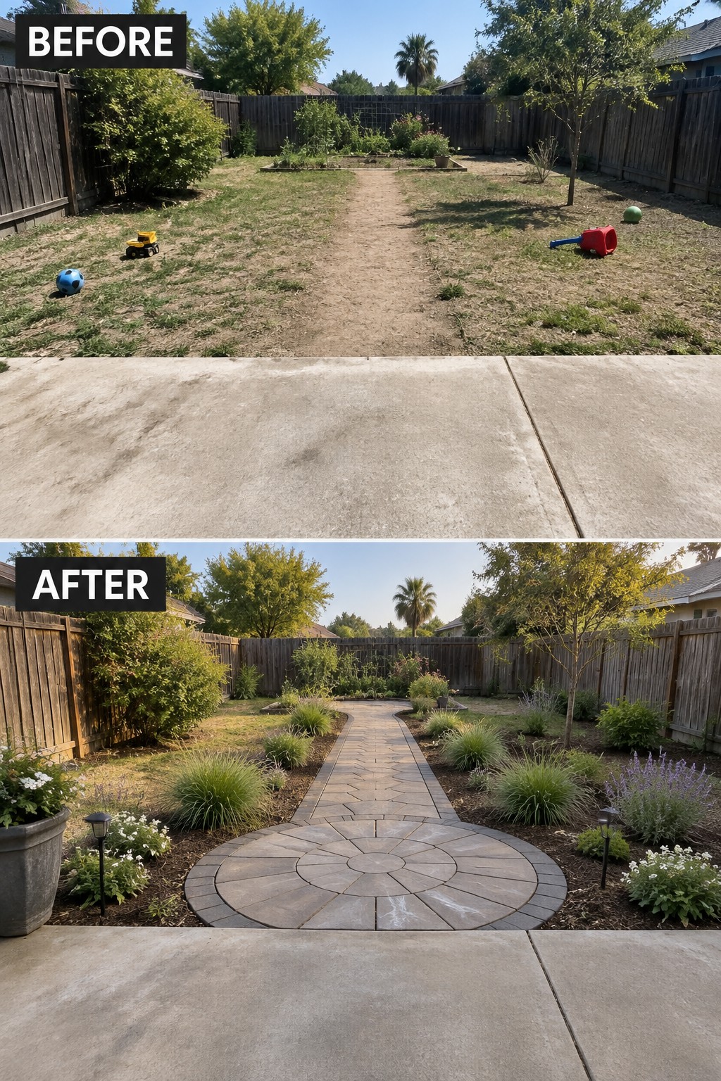 Before and after backyard transformation with dirt path versus stone walkway and garden.