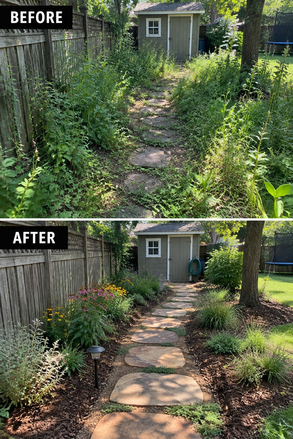 Before-and-after backyard path: overgrown weeds transformed into landscaped stone walkway with flowers and mulch.