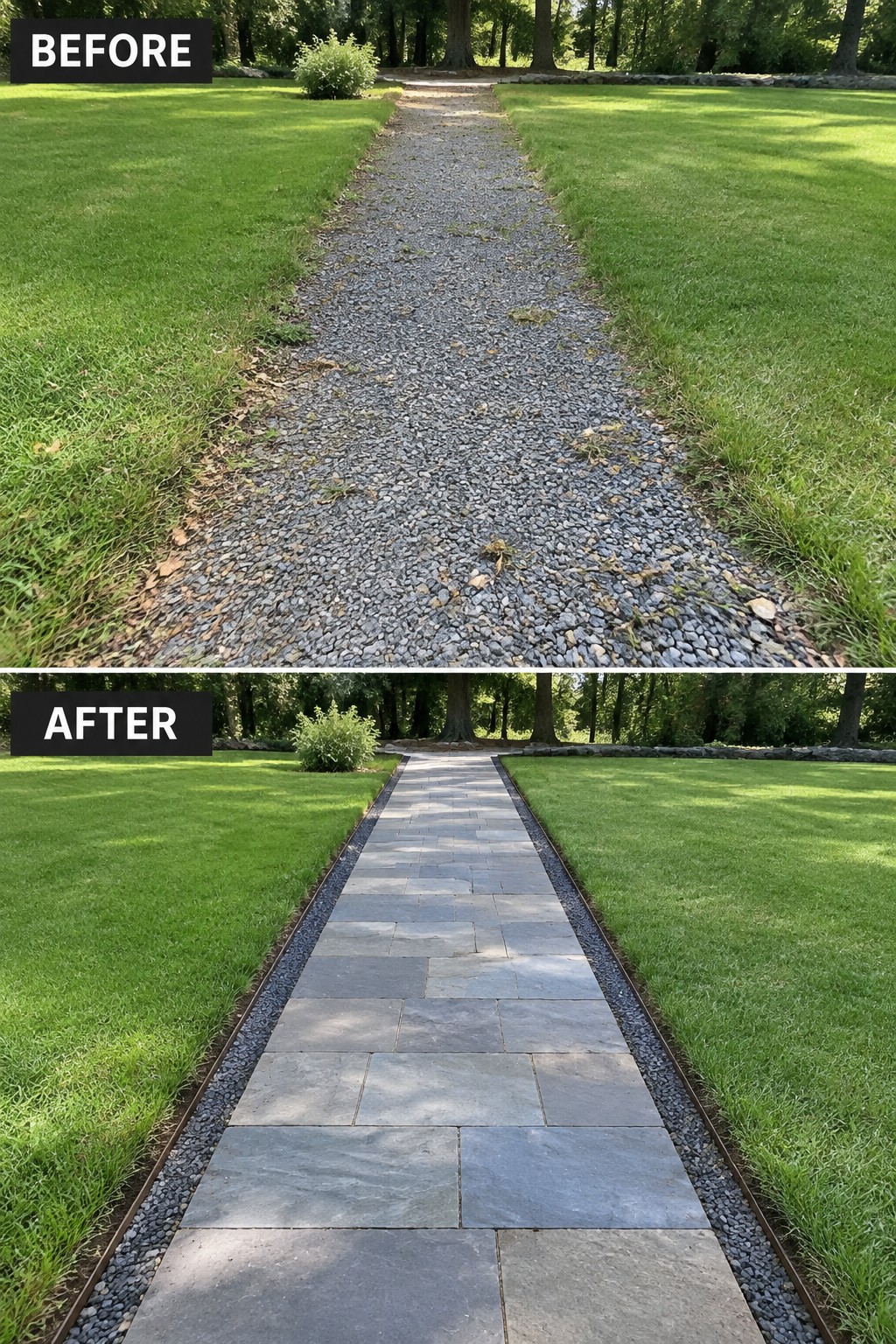 Before-and-after comparison of gravel path upgraded to neat stone pavers in lawn