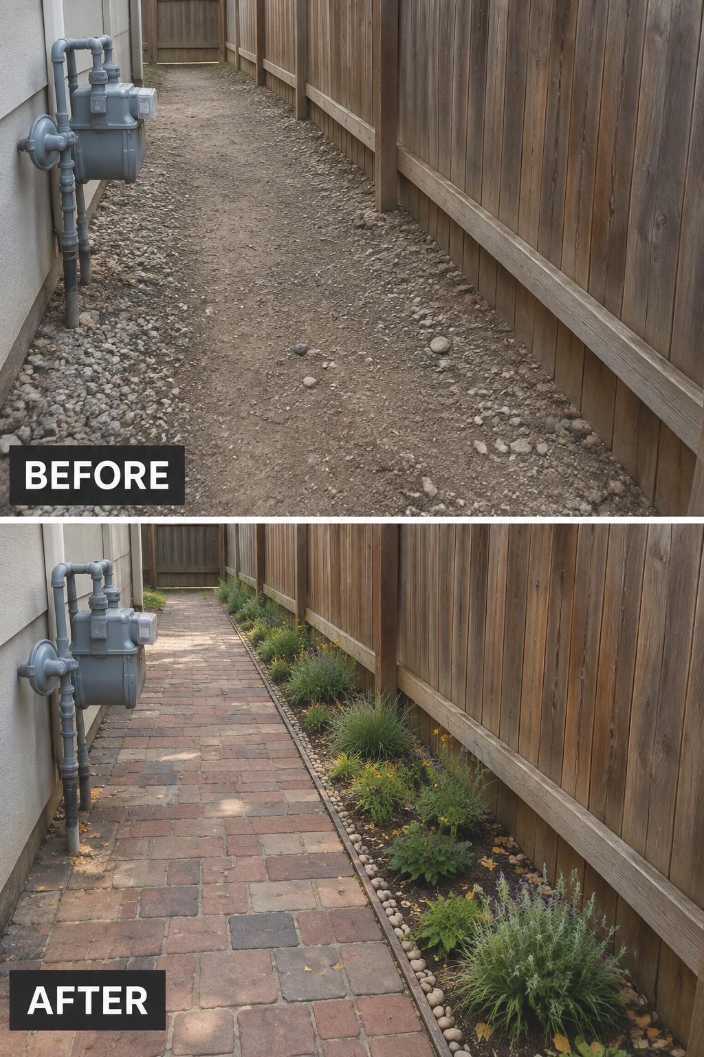 Before-and-after alleyway: dirt path with pipes becomes brick walkway beside planted garden bed.