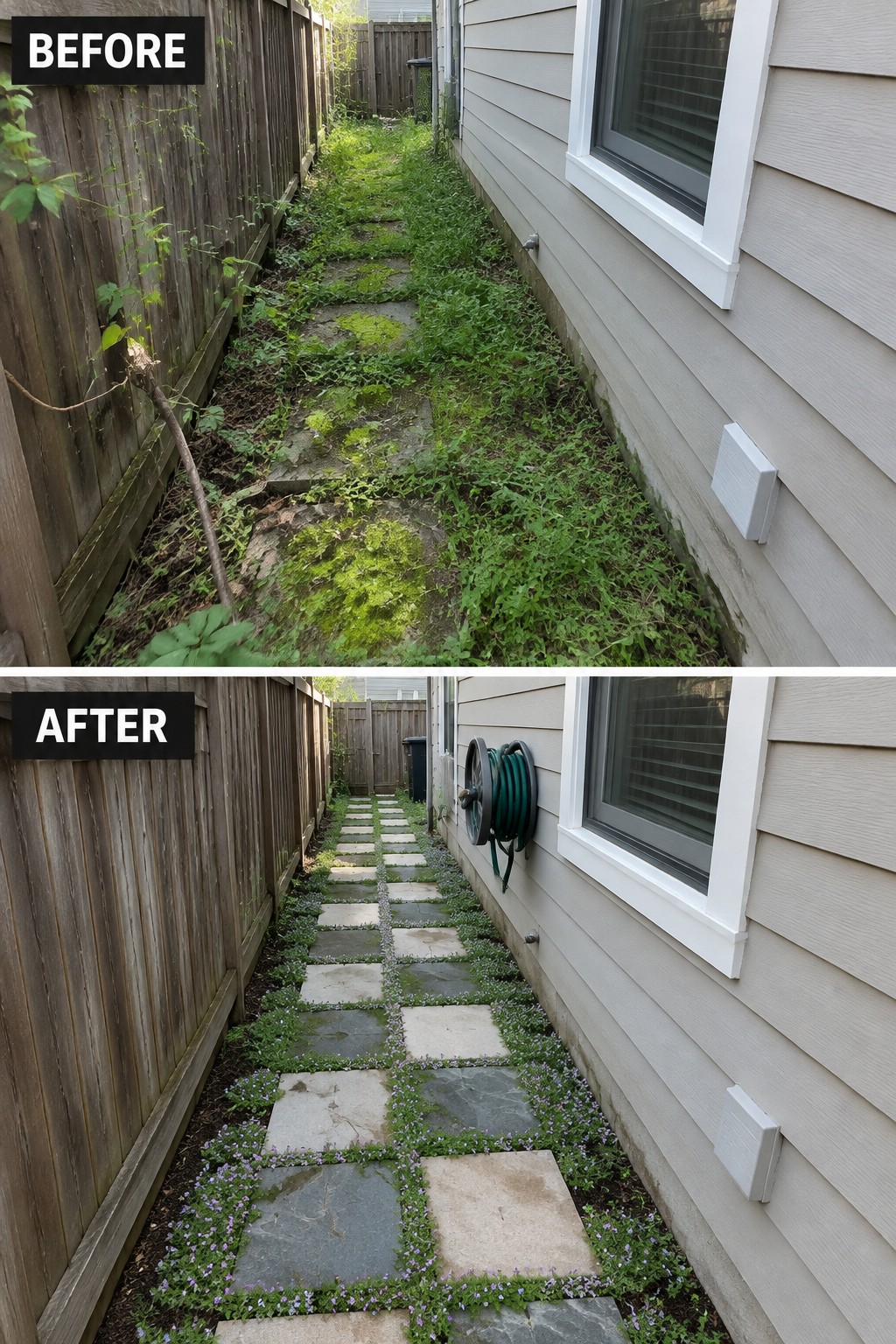 Before-and-after image of an overgrown side yard path transformed with landscape pavers and low-growing ground cover along the edges.