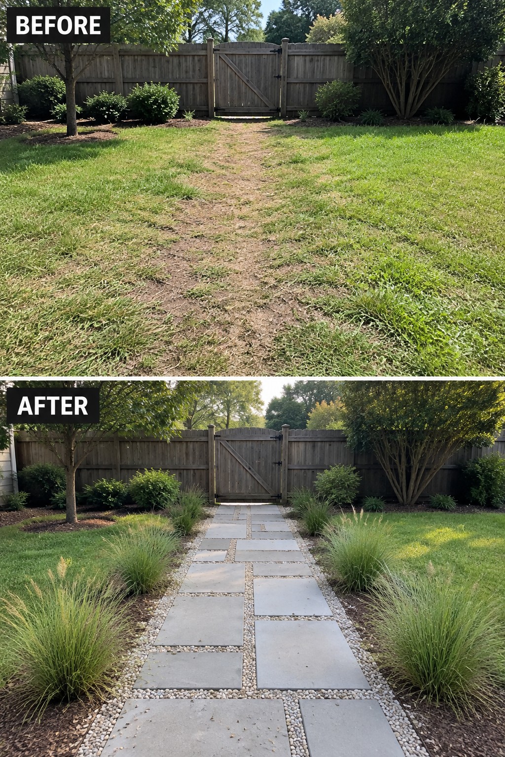 Before and after backyard path: dirt trail transformed into stone paver walkway with grasses