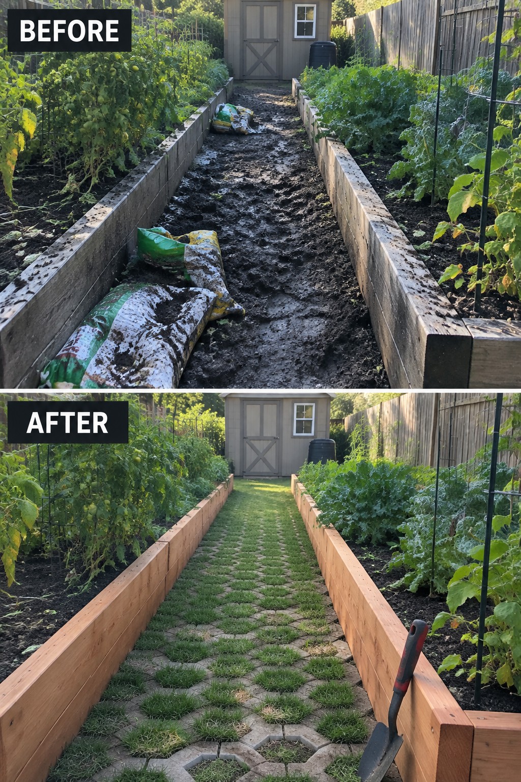Before-and-after garden path: muddy walkway transformed into hexagonal pavers with grass.