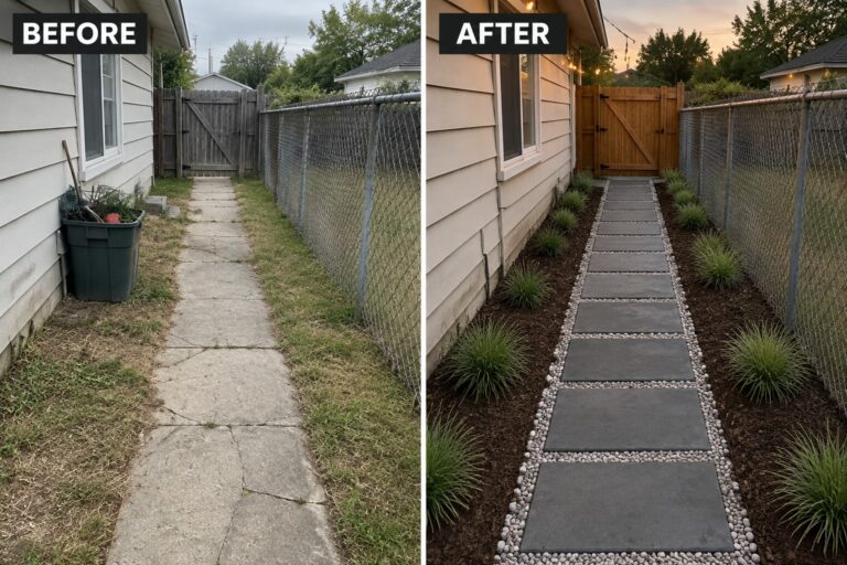 25 Fresh Pathway Transformation Ideas Using Landscape Pavers Before-and-after image of a cracked concrete side path changed into a paver walkway bordered by gravel and planted beds.