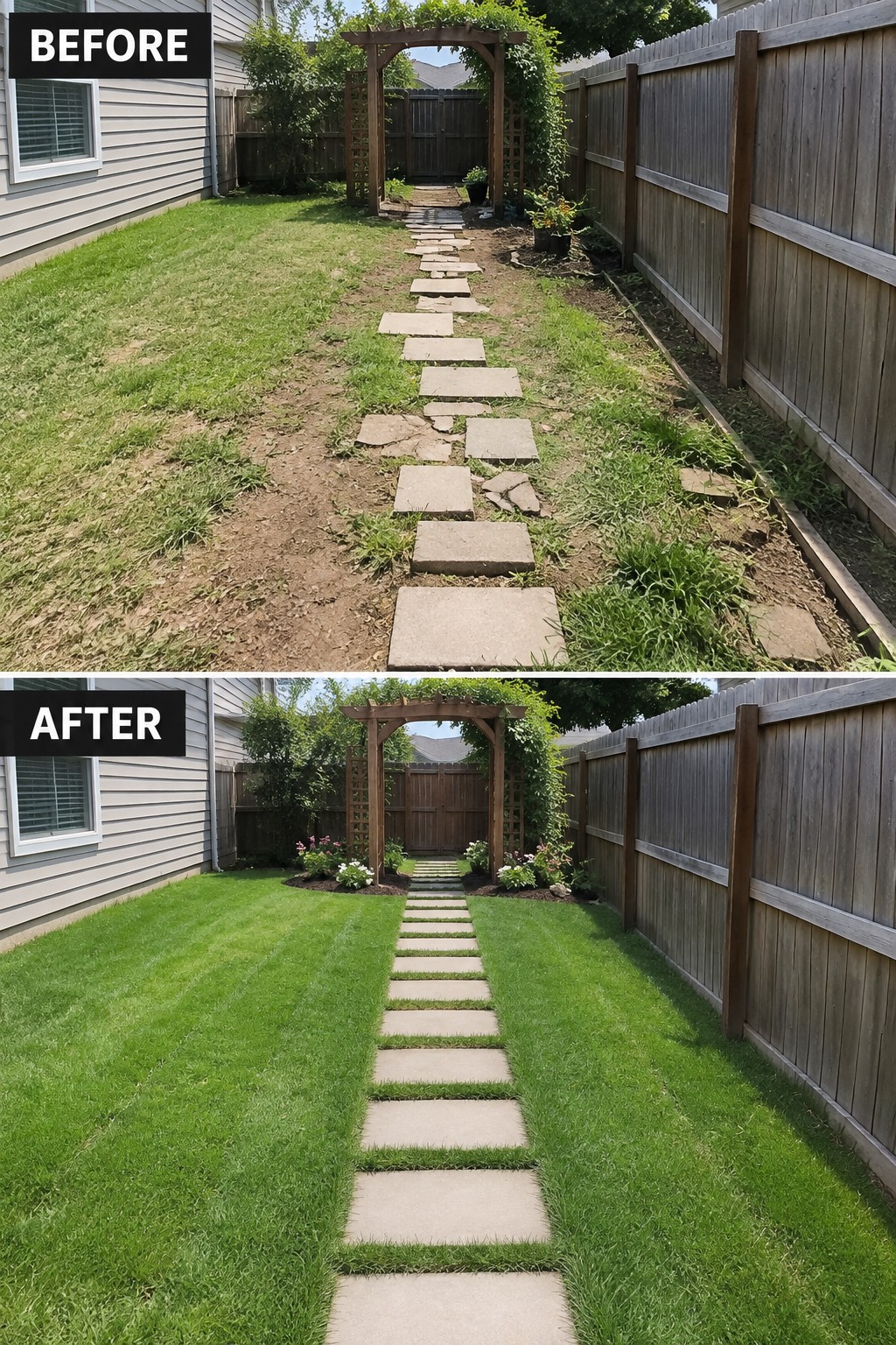 Before and after backyard path: uneven stones above, straight walkway in lush grass below
