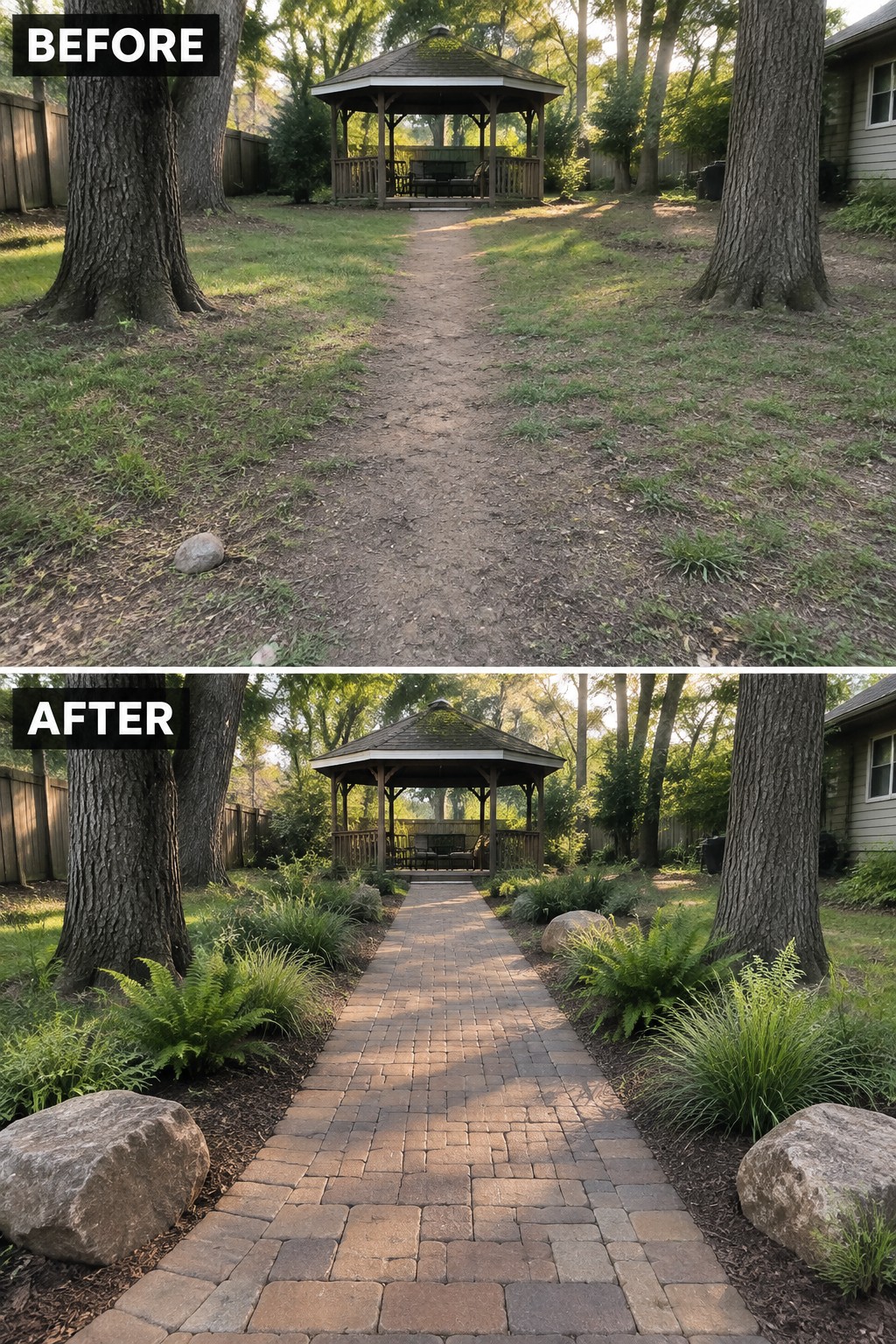 Before and after of dirt path to gazebo converted to brick walkway with plantings.