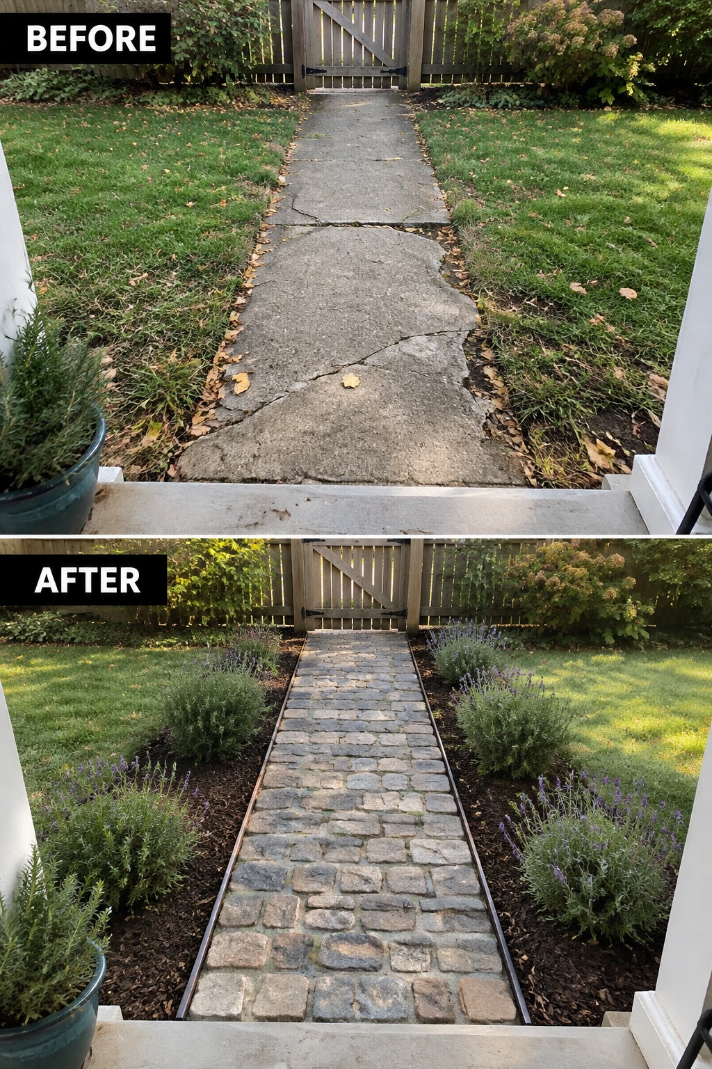 Before-and-after backyard path: cracked concrete replaced by cobblestone walkway lined with lavender plants.
