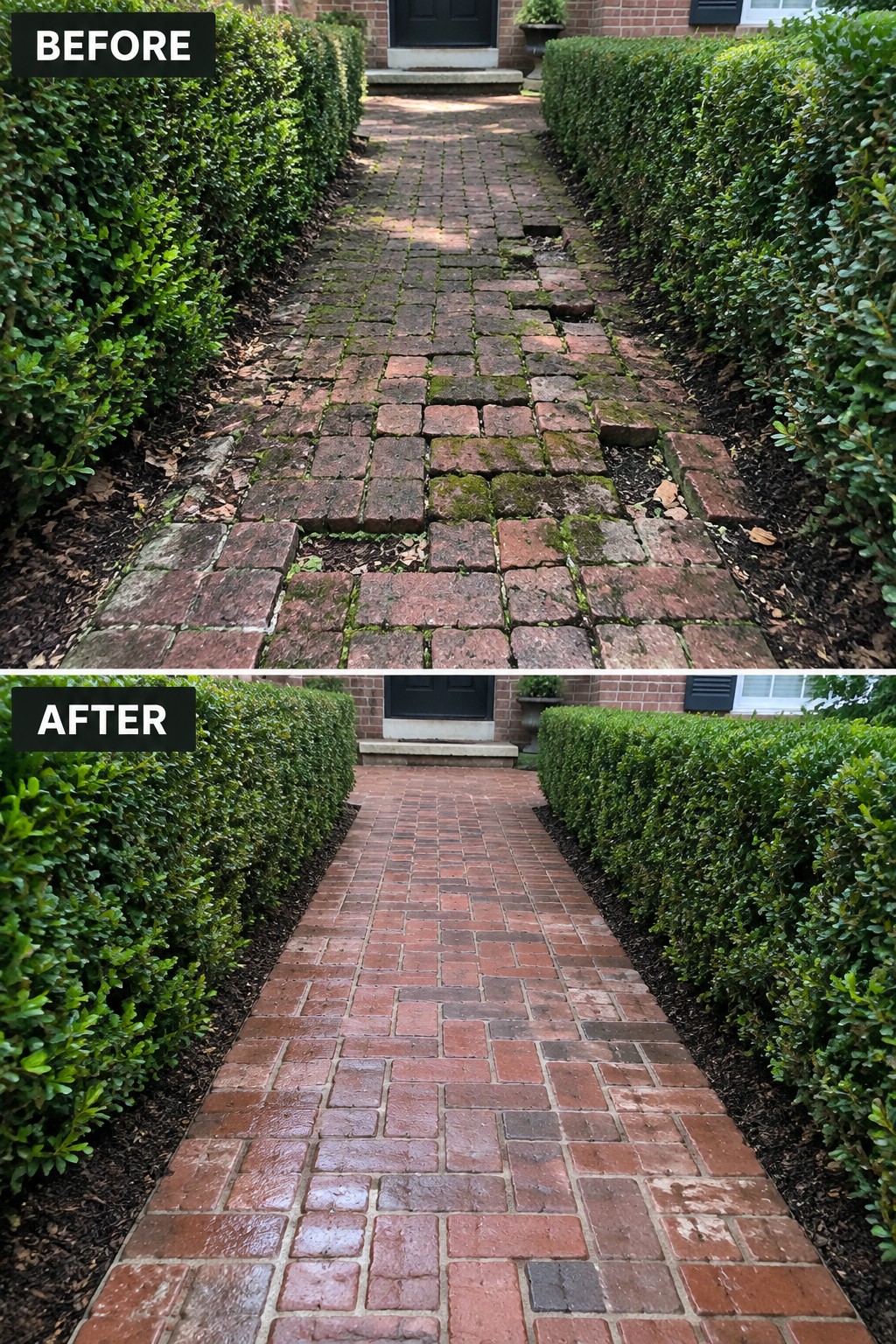 Before-and-after brick path lined with green hedges, repaired from mossy uneven state to clean uniform.