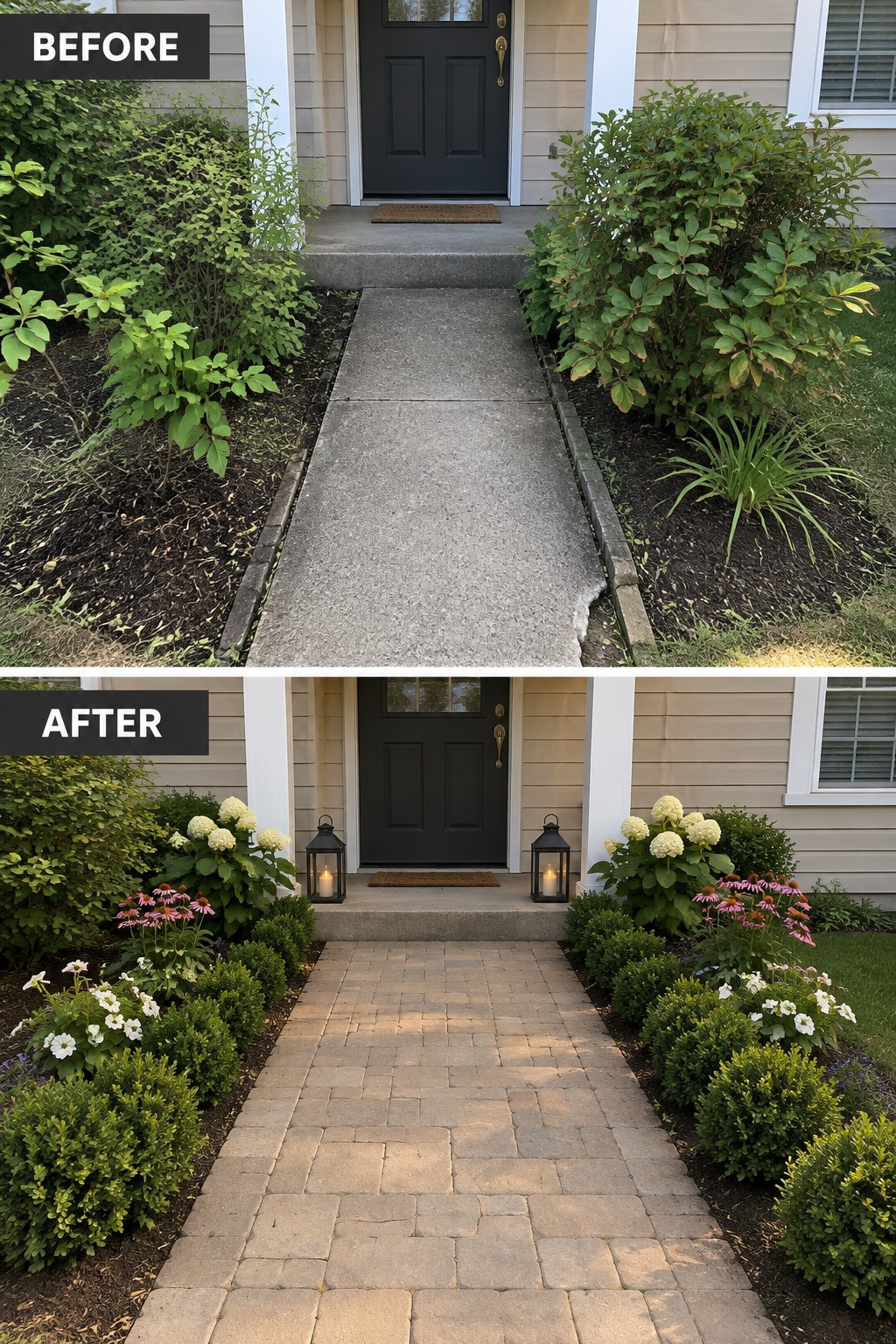 Before and after front walkway: cracked concrete replaced by brick pavers and flowers