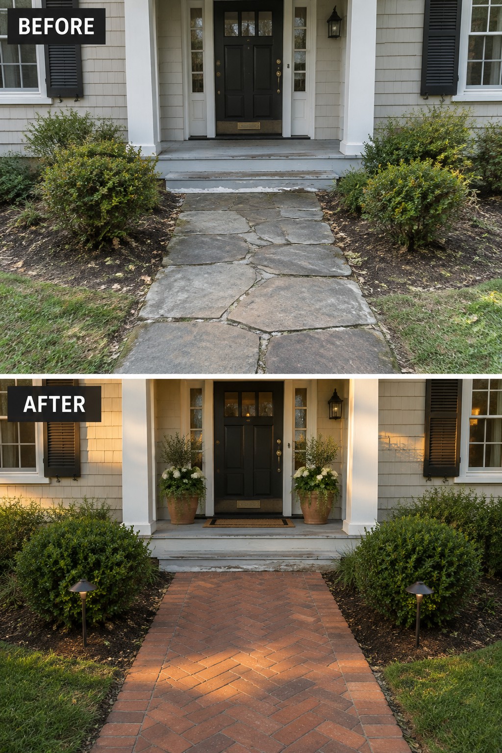 Before-and-after front entrance with stone path upgraded to red brick walkway and planters.