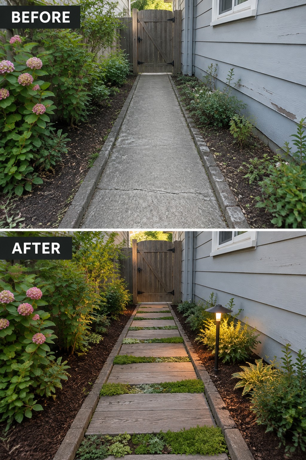 Before and after of concrete path transformed into wooden plank walkway with plants.