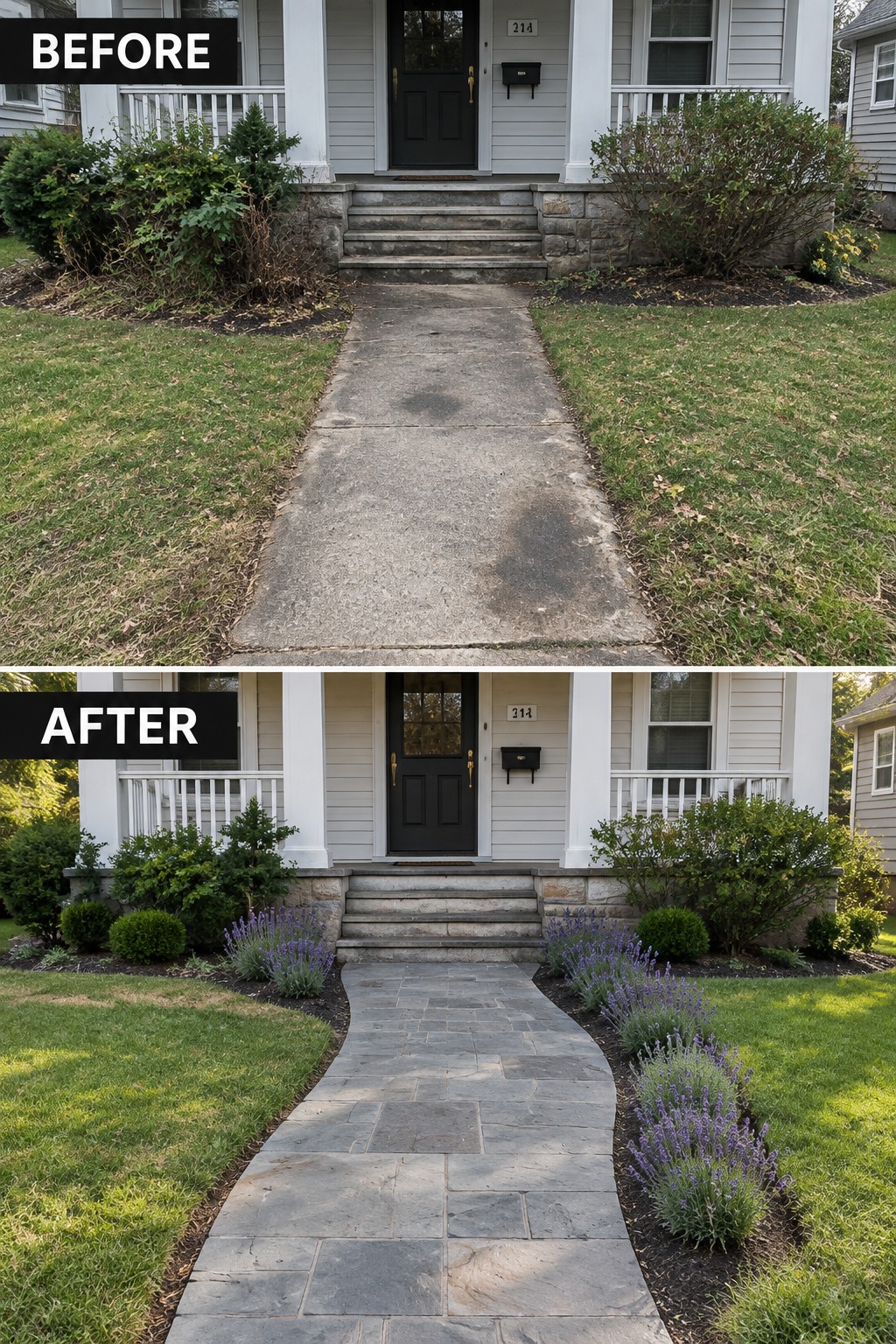 Before-and-after house entrance: straight concrete path above, curved stone walkway with lavender below.