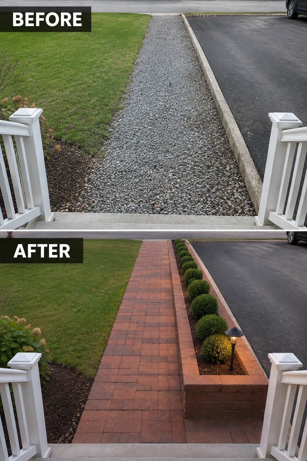 Before-and-after view of gravel path transformed into red brick walkway with planter bed