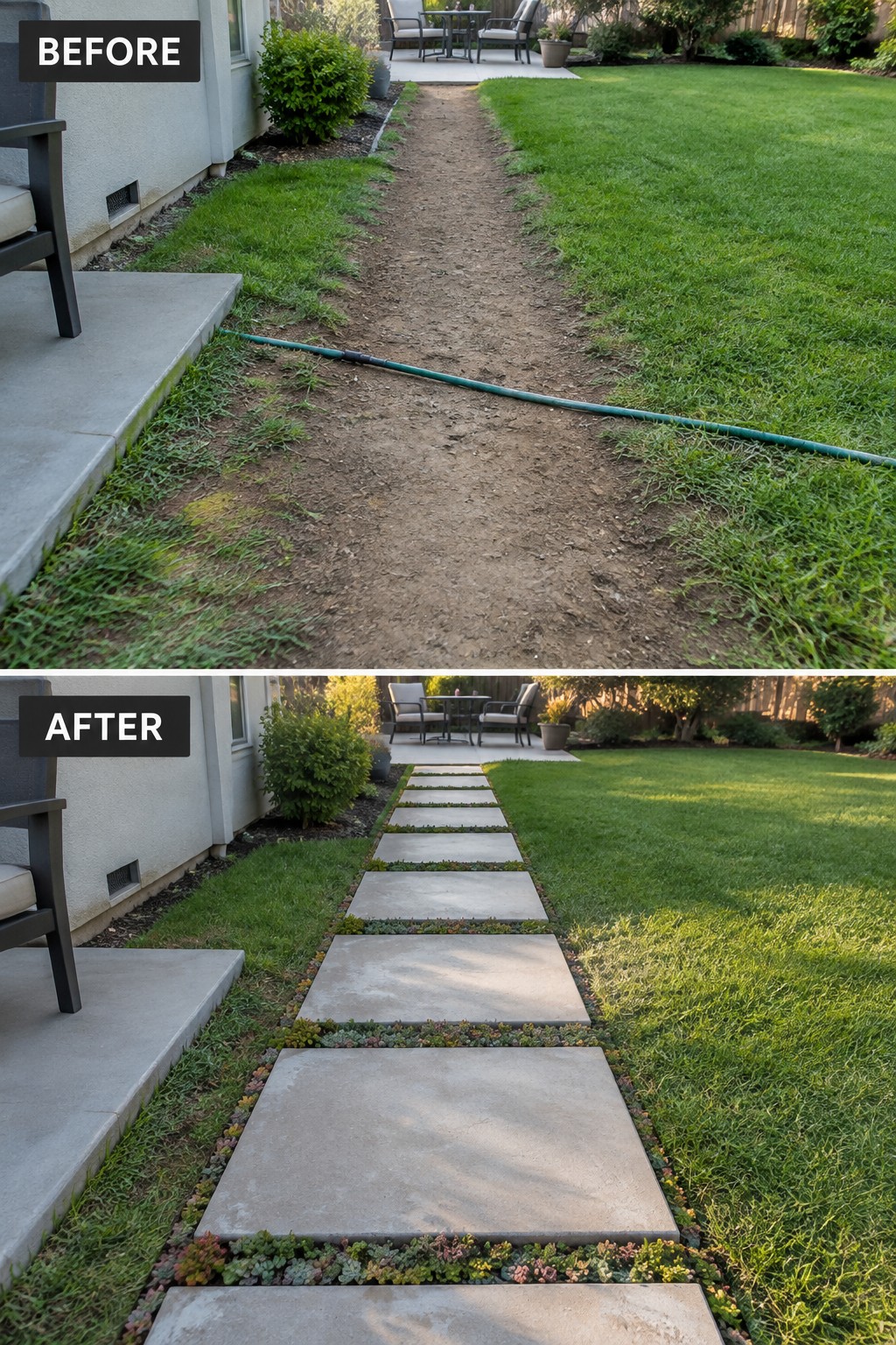 Before and after of backyard path transformed from dirt to stone pavers with succulents.