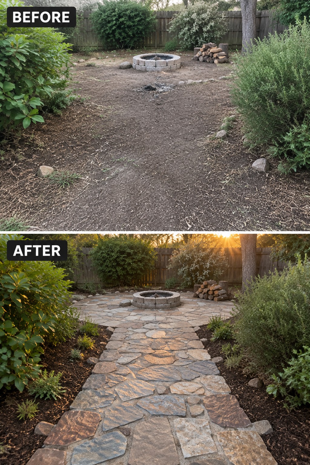 Before and after backyard fire pit with new stone pathway and landscaping.