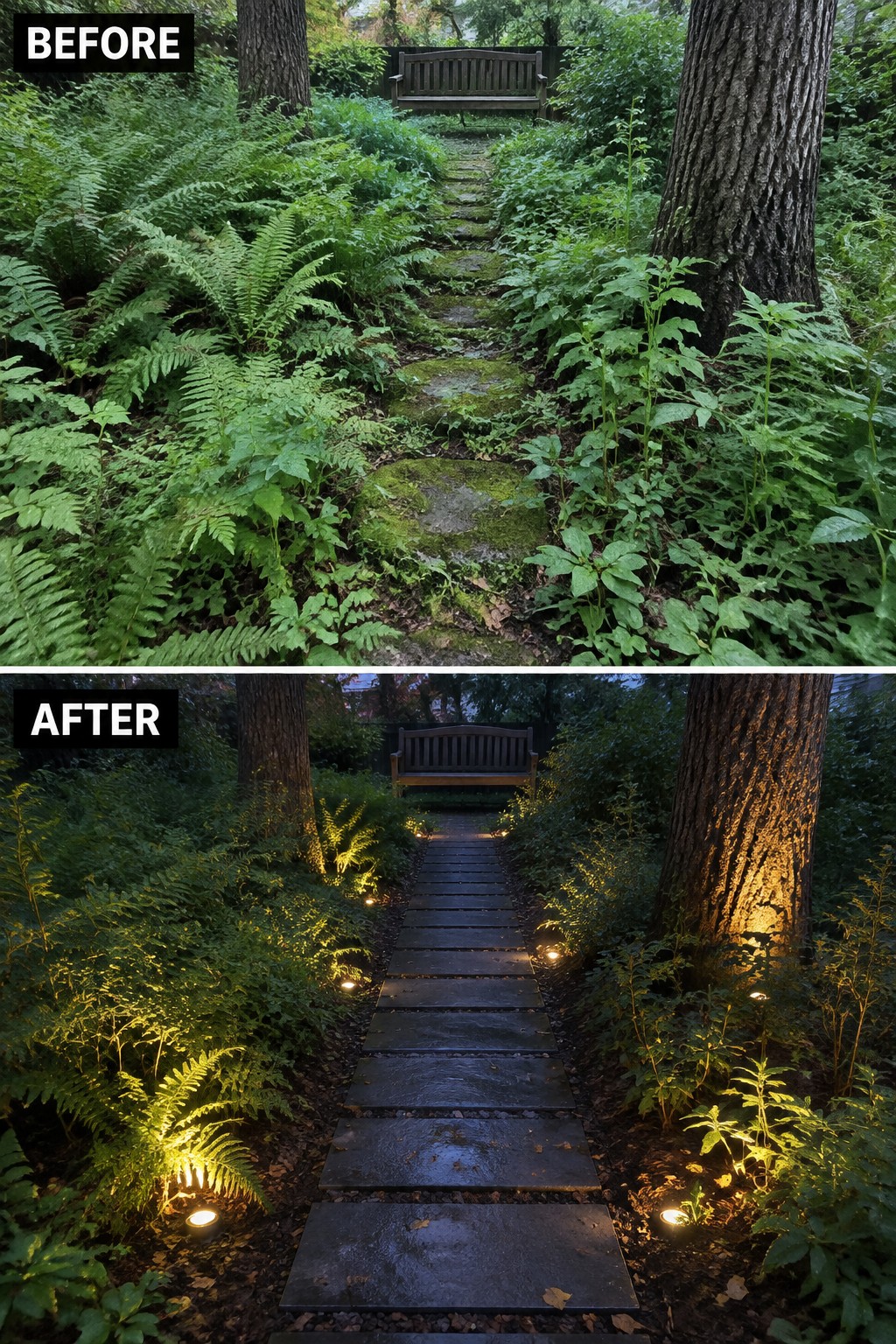 Before and after of overgrown mossy path transformed into illuminated stone walkway at dusk