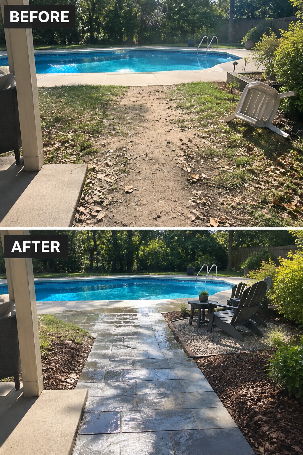 Before-and-after image of a backyard dirt path transformed into a stone paver walkway leading to a swimming pool.
