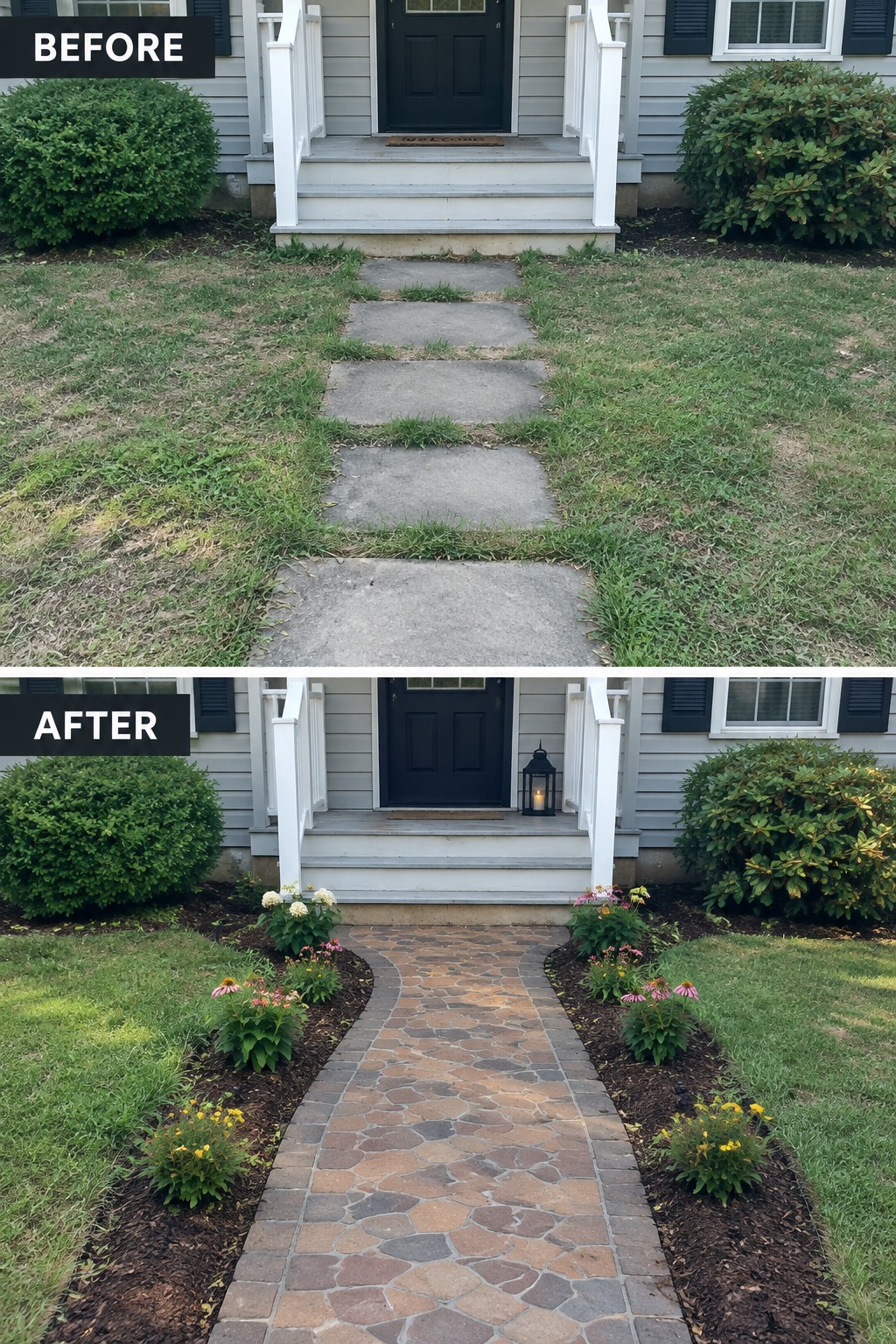 Before and after of front walkway: stepping stones replaced by curved stone path with flowers.