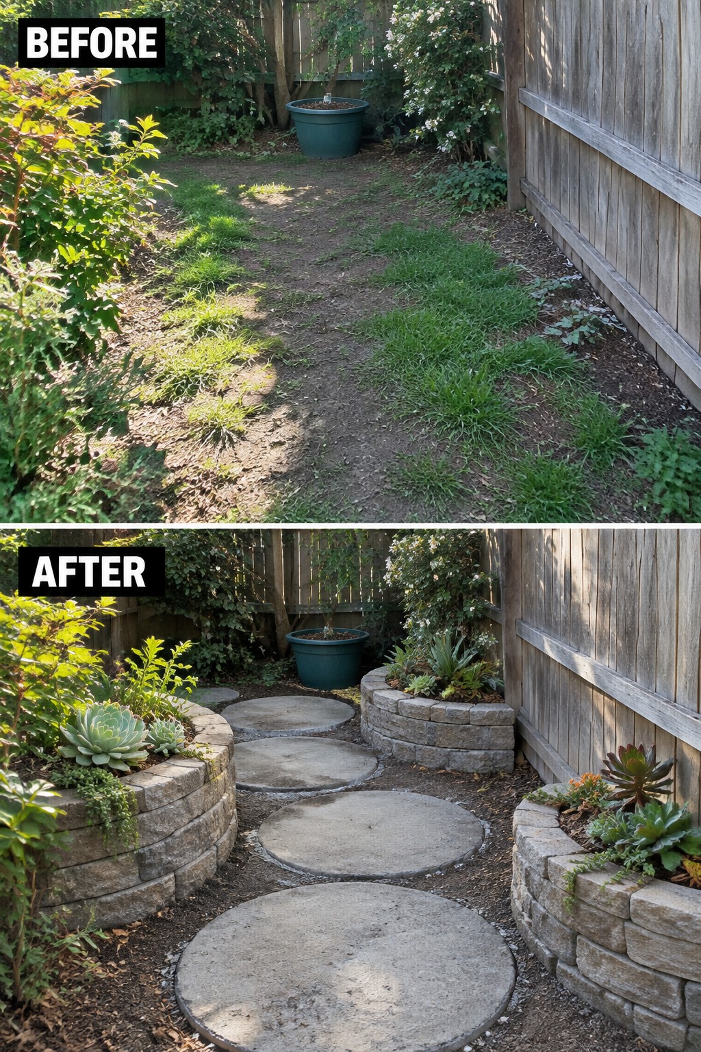 Before and after garden path with round stepping stones and succulent stone planters