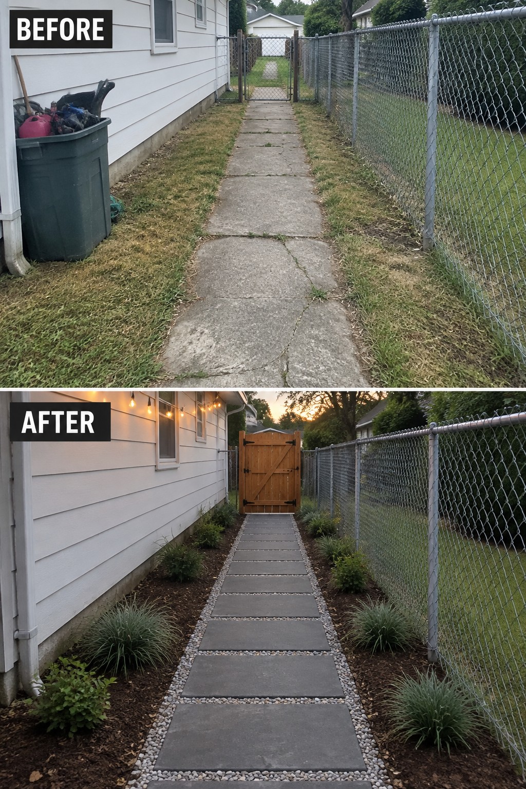 Before-and-after image of a cracked concrete side path changed into a paver walkway bordered by gravel and planted beds.