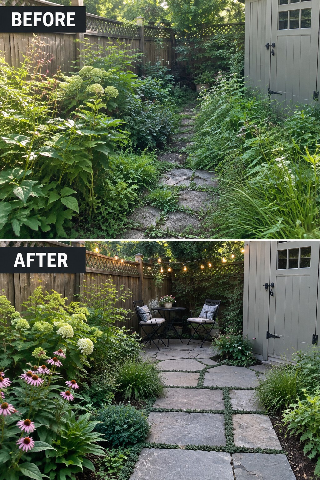 Before and after of overgrown garden path transformed into landscaped patio with lights and chairs.