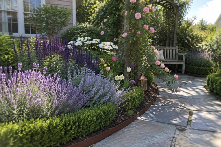 25 Gorgeous Flower Bed Landscaping Ideas With Layered Plant Heights Lush garden with purple lavender, white daisies, pink roses on arch, stone path and bench.