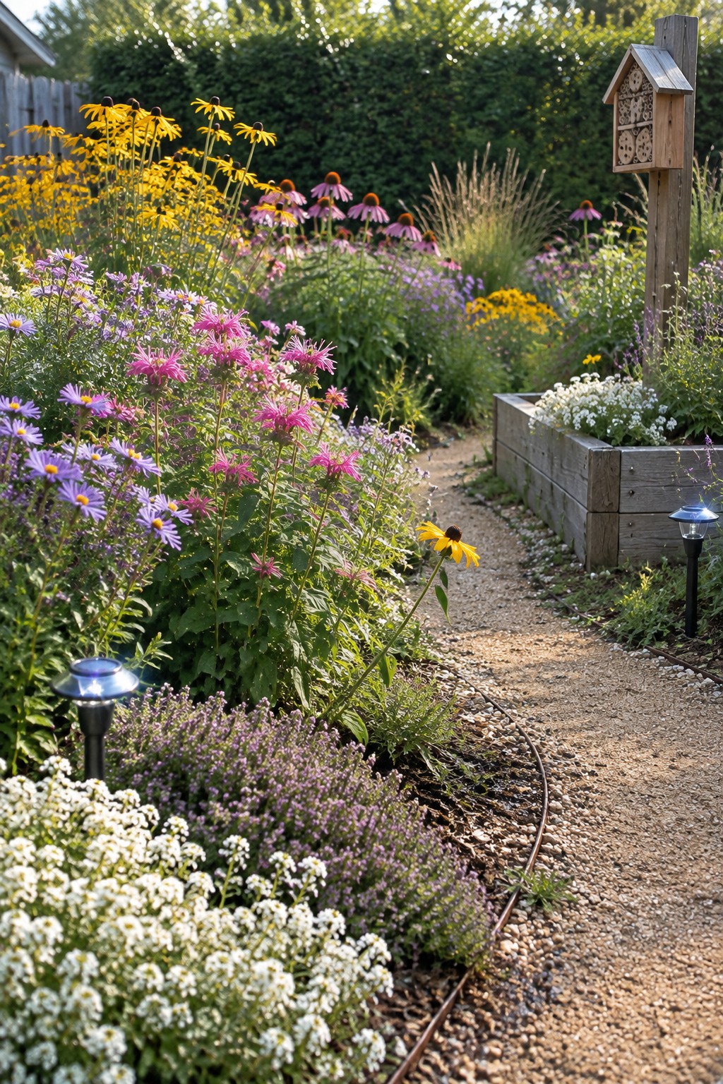 A gravel path curves beside layered flower beds filled with white, purple, pink, and yellow blooms of varying heights, next to a wooden raised bed and a small insect house.
