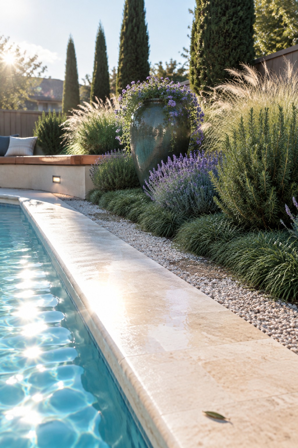 Sunlit pool with rippling blue water beside stone deck, gravel path and flowering garden urn