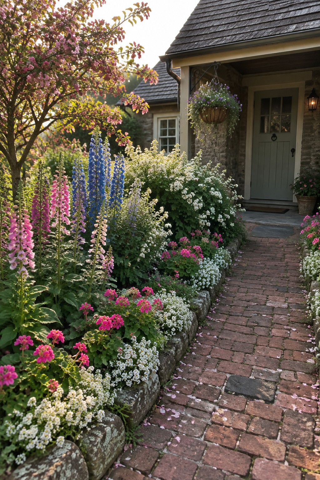 A brick garden path lined with layered flower beds featuring tall blue and pink spikes, white blooms, and low pink flowers beside a stone cottage.