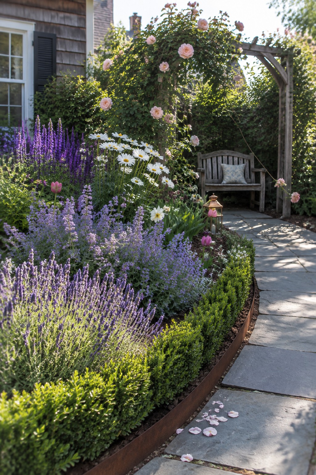 Lush garden with purple lavender, white daisies, pink roses on arch, stone path and bench.
