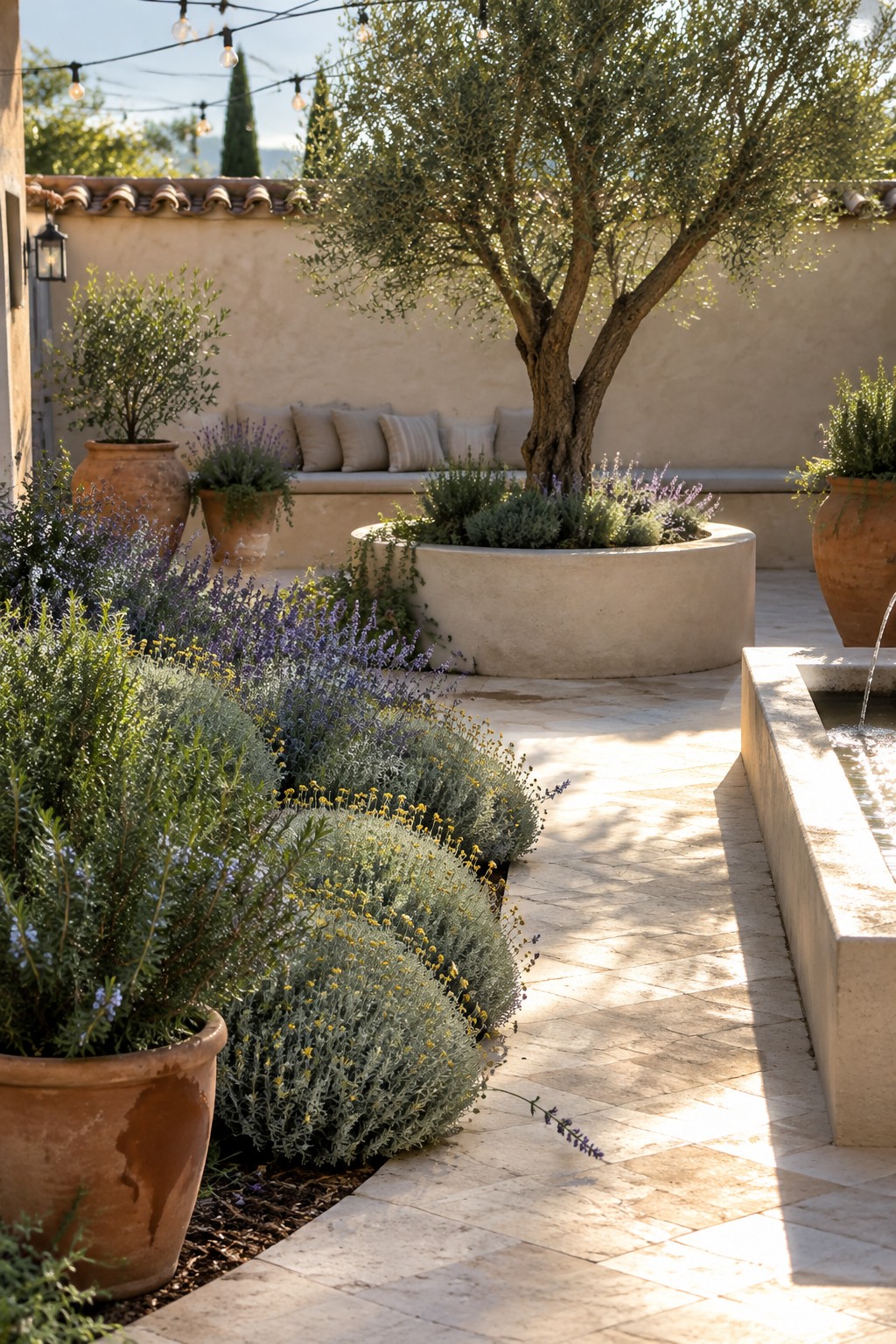 A Mediterranean-style courtyard with layered garden beds featuring a large olive tree in a round concrete planter, surrounded by lavender and shrubs of varying heights in terracotta pots along a stone path.
