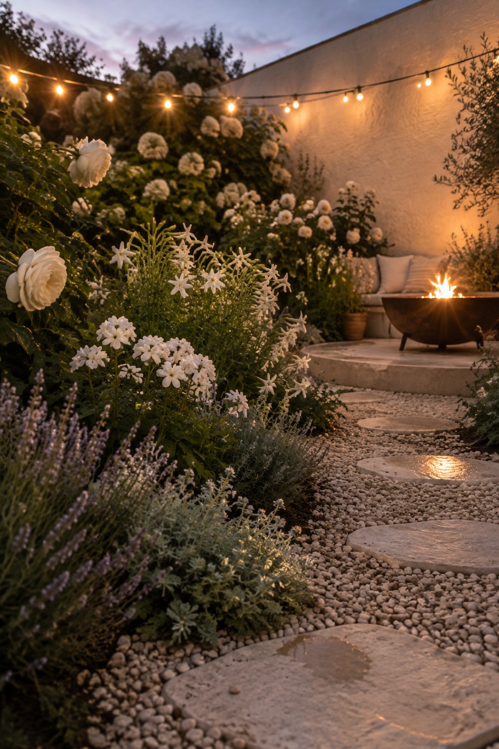 Stepping stone path through white flowers under string lights beside glowing fire pit at dusk