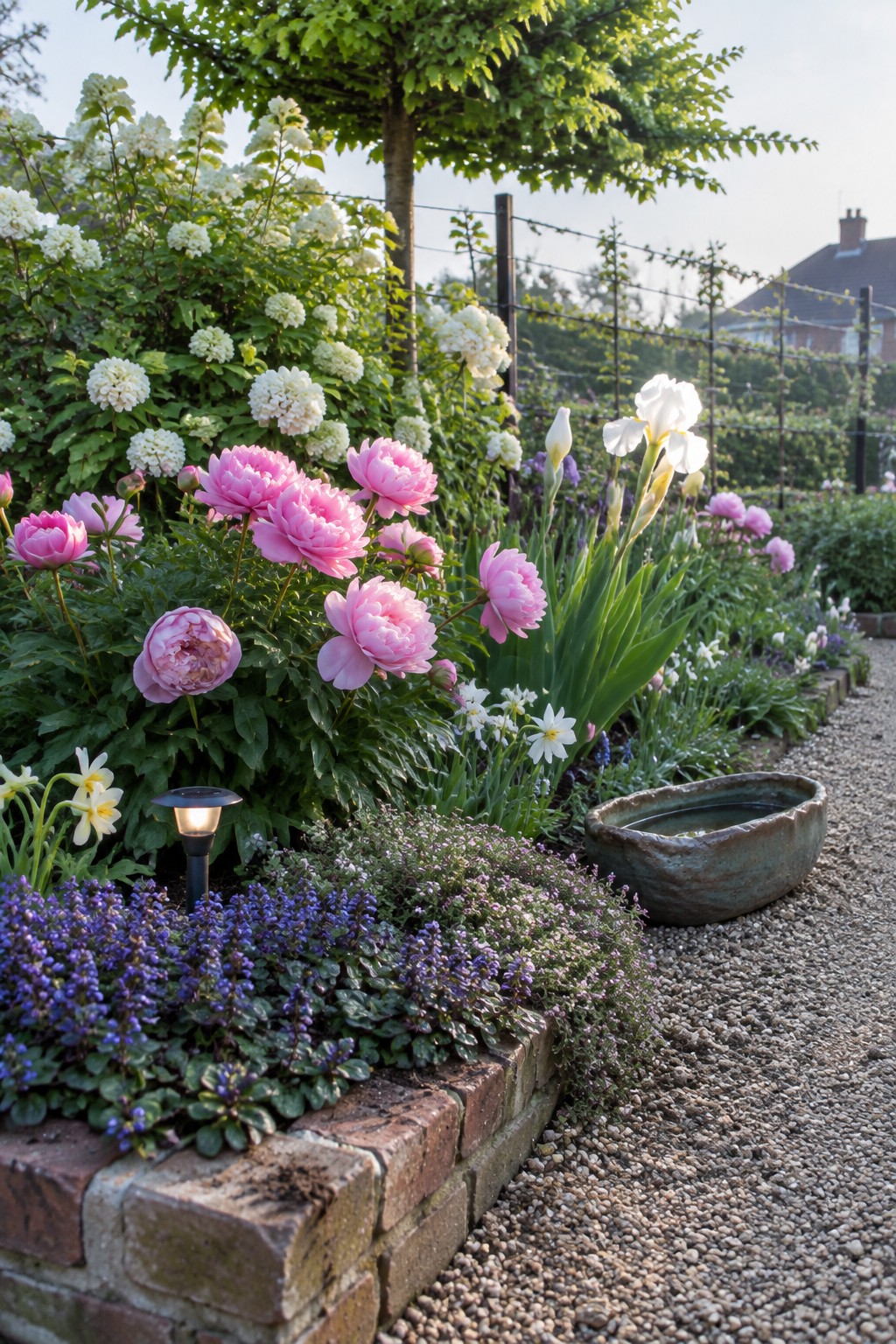A layered flower bed with tall white blooms at the back, pink peonies in the middle, low purple ground cover at the front, and a gravel path beside a brick border.
