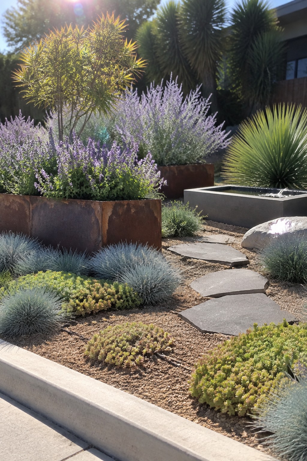 A garden with raised metal planters holding layered plants of varying heights, including tall shrubs with purple flowers, blue grasses, and low green ground covers next to a stone path.