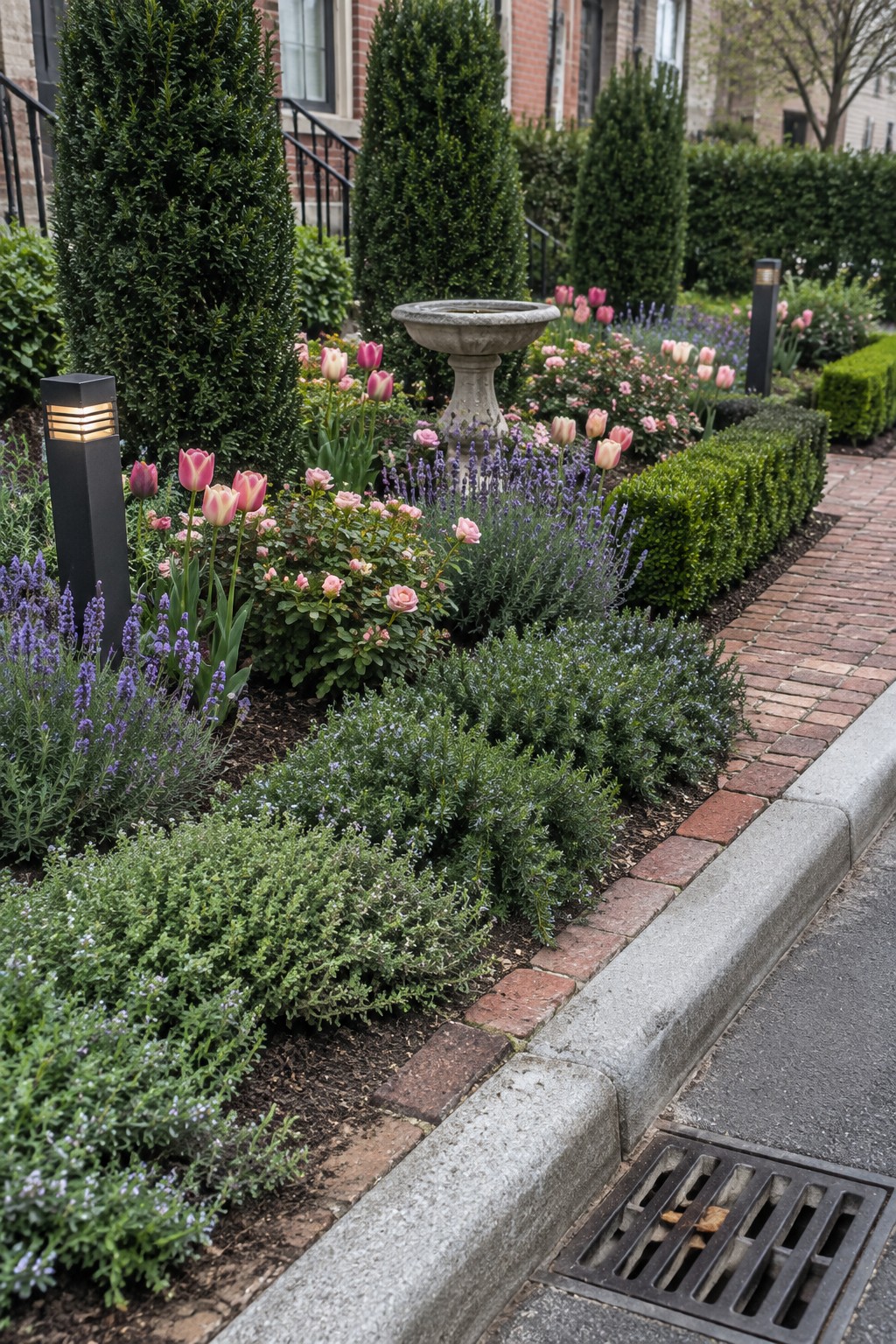Colorful garden with pink tulips, lavender, roses, stone birdbath, and brick pathway.