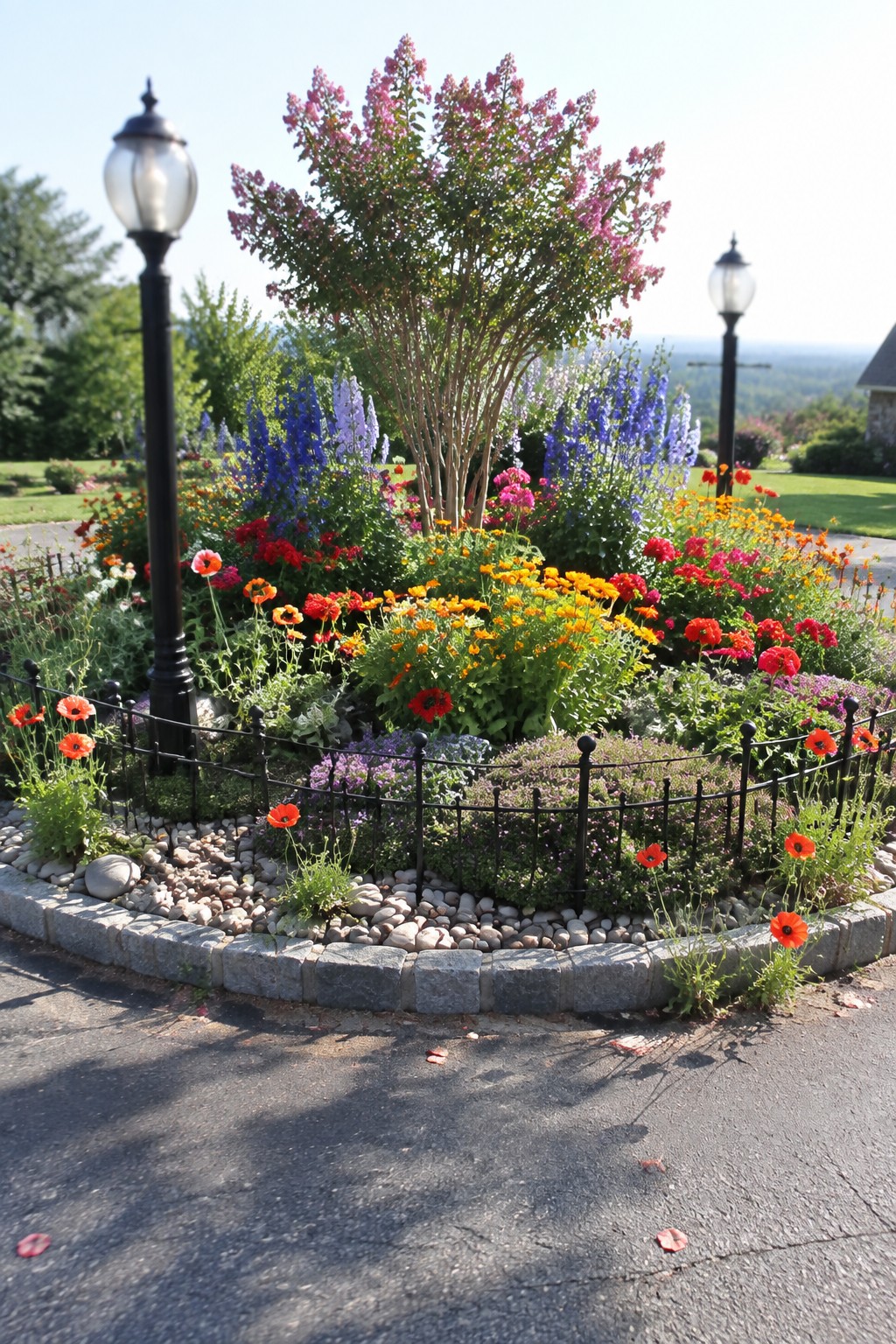 Circular flower garden with vibrant blooms, pink tree, black fence and lampposts