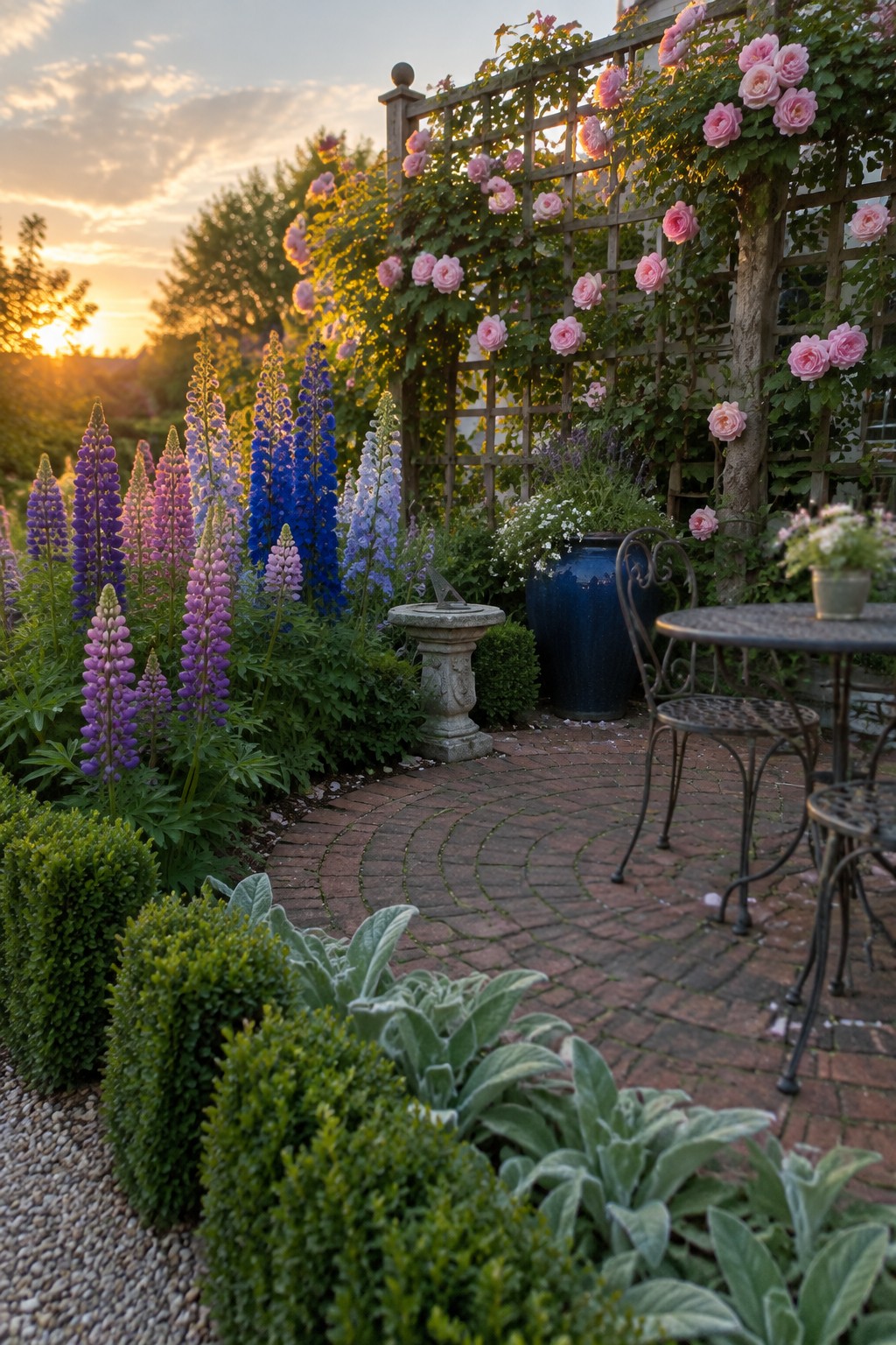 Garden with pink climbing roses, tall purple delphiniums, brick patio, and sundial at sunset.