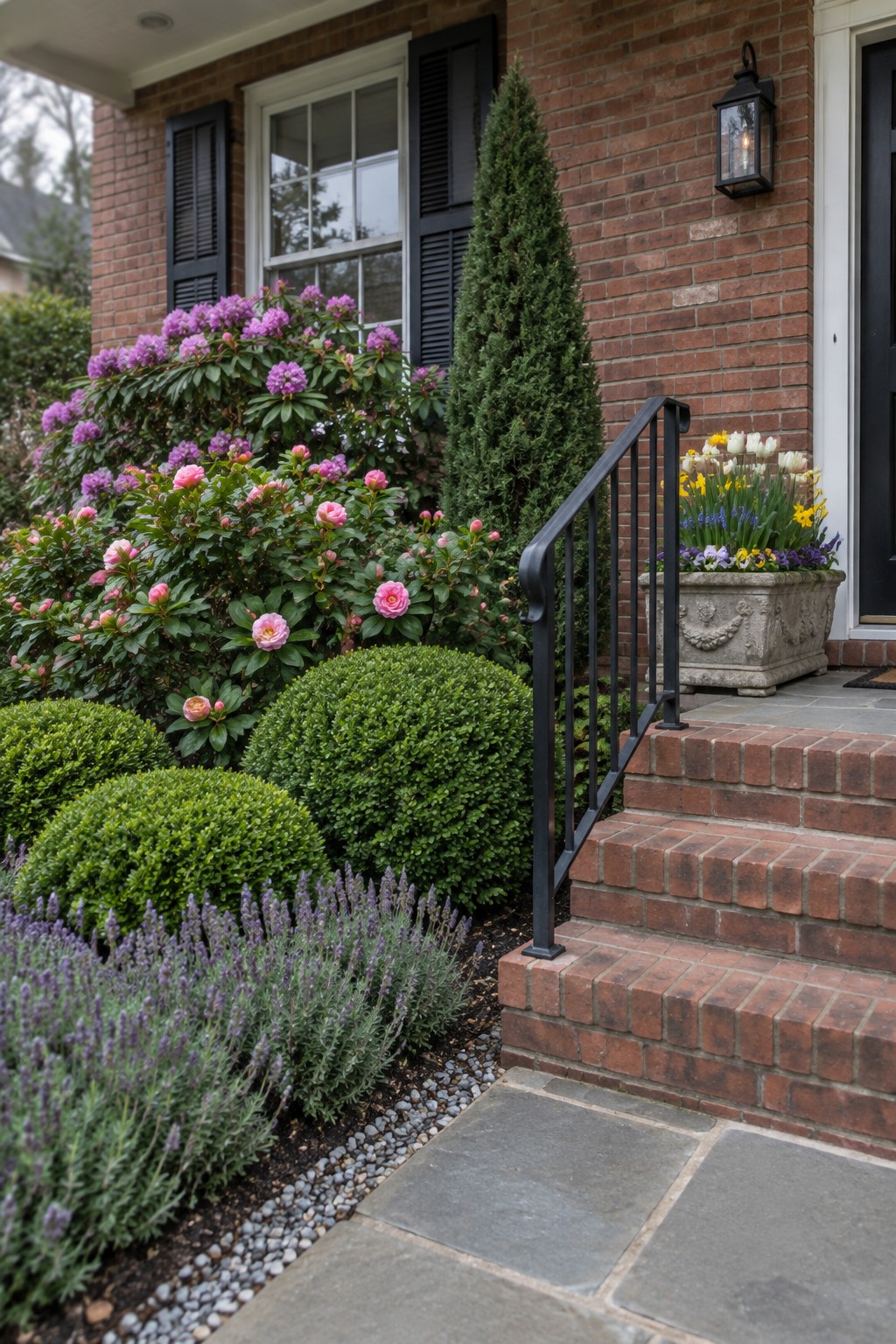 Front yard of a brick house with layered landscaping including tall evergreen, flowering shrubs, rounded boxwoods, and low lavender along a brick walkway and steps.