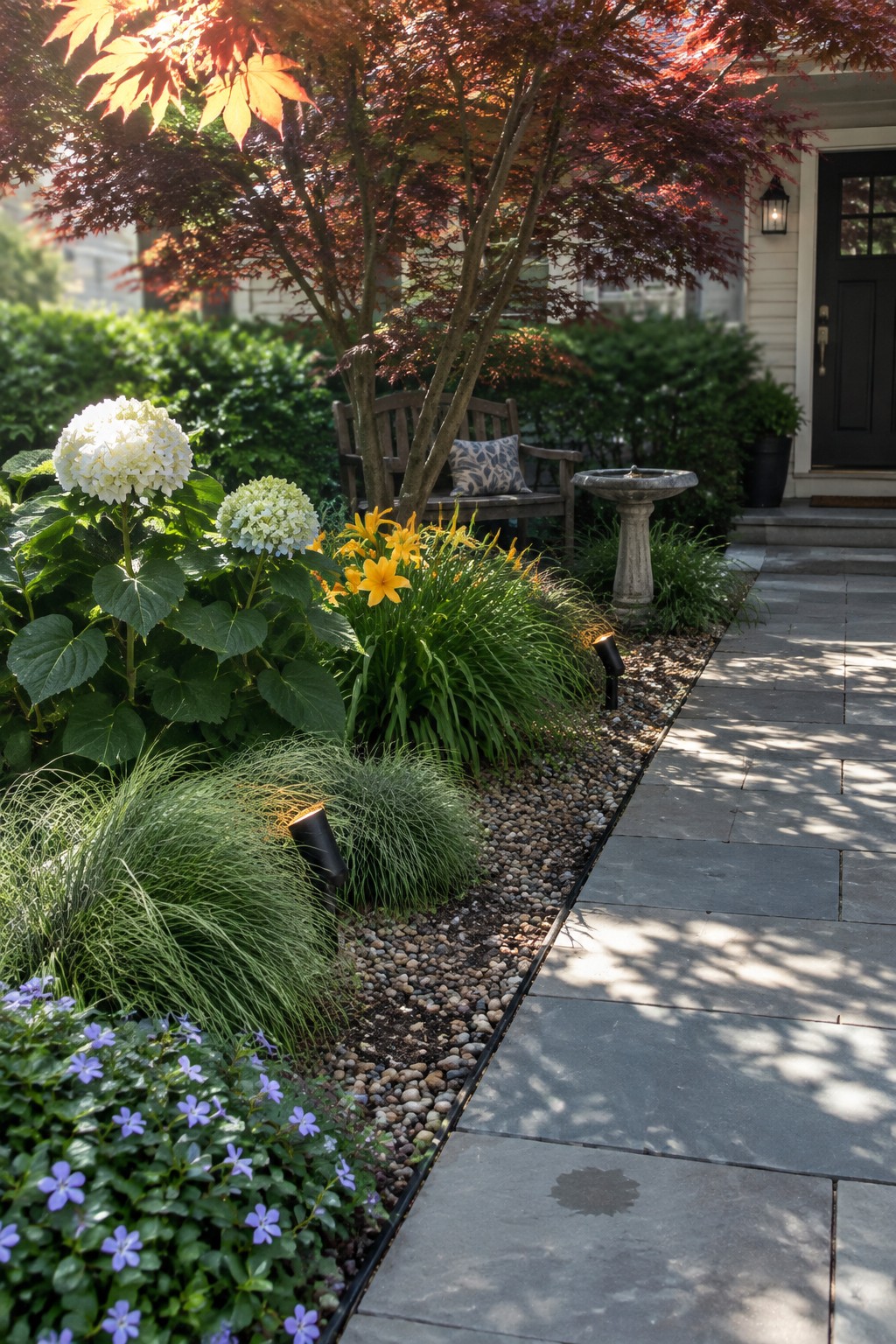 A flower bed with layered plants of varying heights runs beside a stone path, featuring a red-leafed tree, white hydrangeas, yellow daylilies, and purple ground cover.