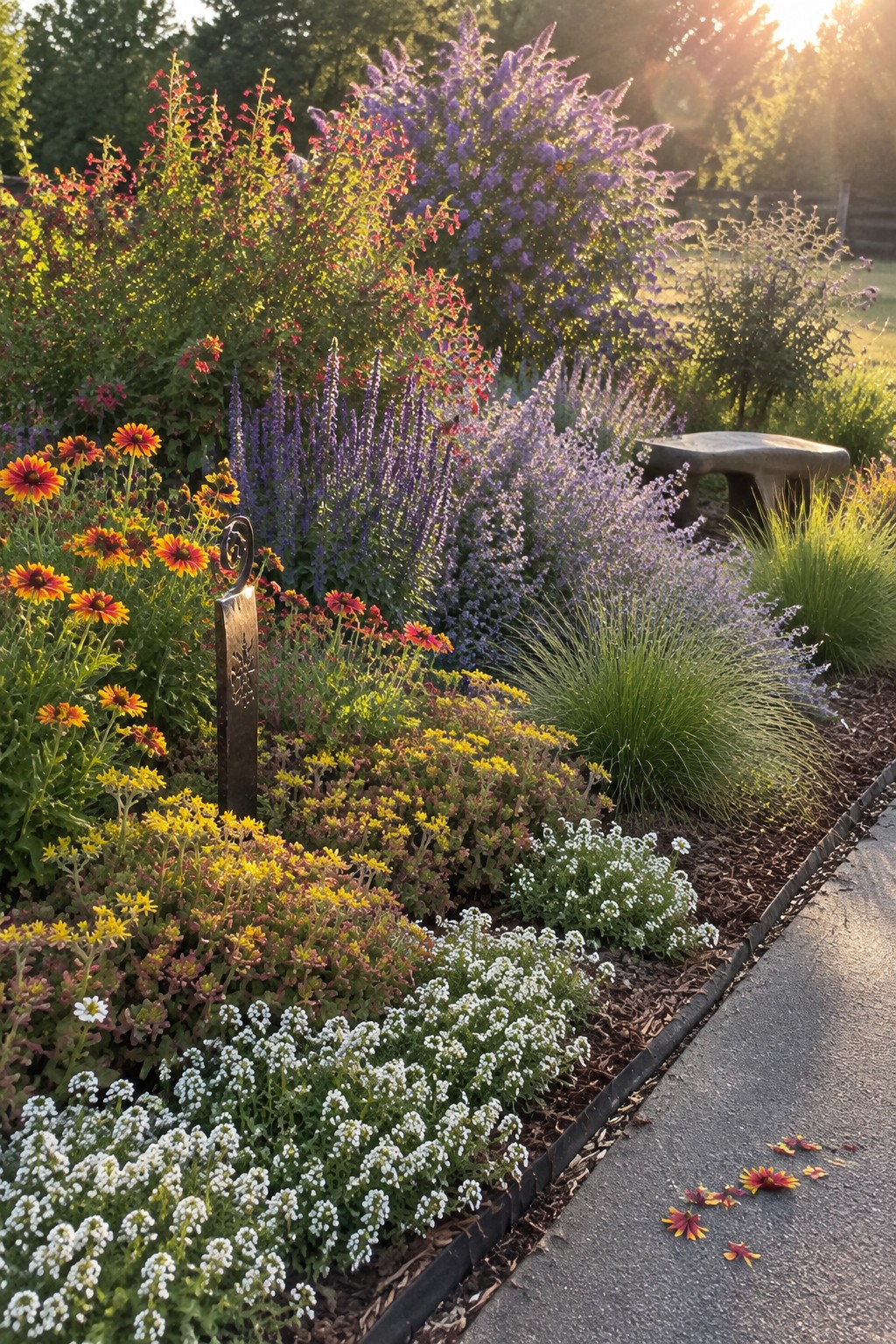A flower bed bordered by a paved path shows layered plants with low white blooms in front, medium yellow and purple flowers in the middle, and tall purple and red blooms at the back.